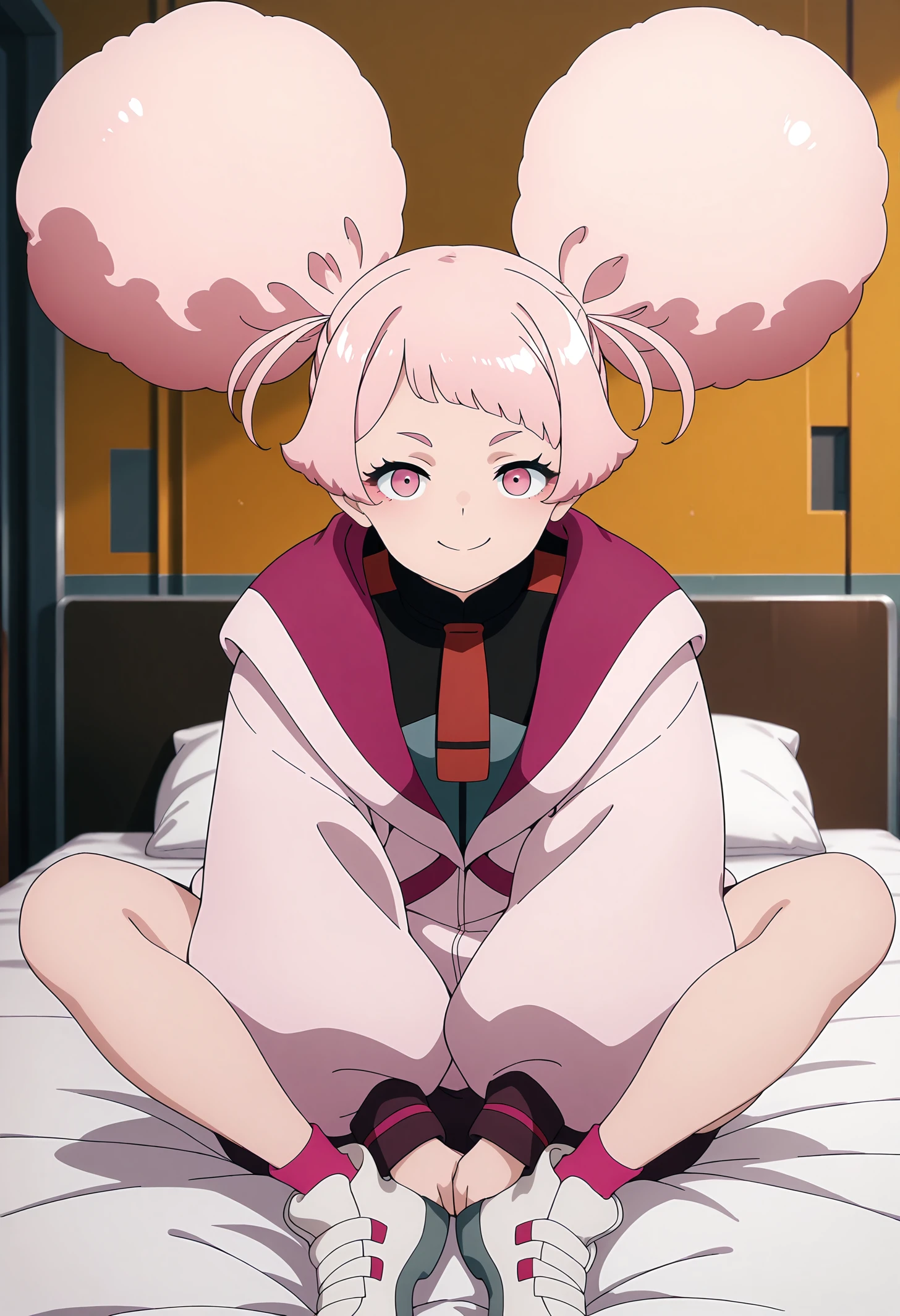 very aesthetic, high definition, amazing quality, masterpiece, best quality, highres, absurdres, sensitive, newest, anime screenshot, screencap,anime coloring,
1girl, solo, bangs, pink hair, pink eyes, hair bun, double bun, shirt, school uniform, jacket, shoes, socks, white footwear, sneakers, pink jacket, asticassia school uniform, pink socks, <lora:illustriousXL chuchu V1:1>
indoors,bedroom, sitting on bed,
looking at viewer, smile,