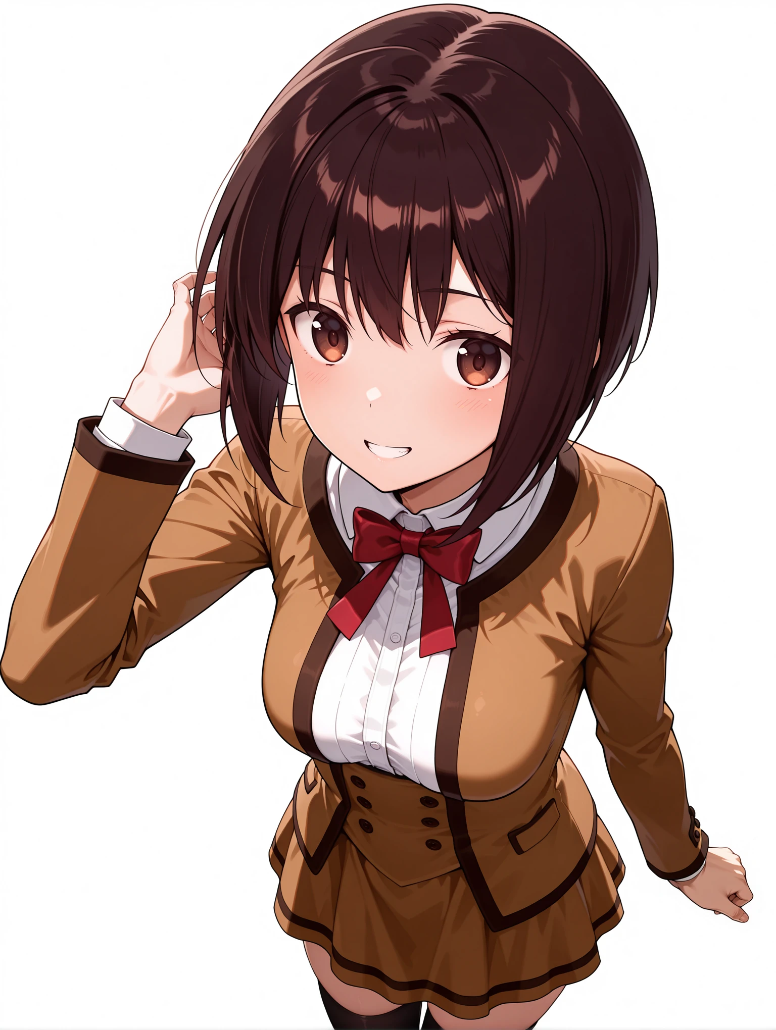 masterpiece,best quality,amazing quality,1girl,solo,
<lora:s_itsuri_ilxl_v1.4:1>,itsuri,black hair,brown eyes,i_clothes,red ribbon,blazer,long_sleeves,bowtie,skirt,black_thighhighs,light brown dress,
<lora:Fixhands_anime_bdsqlsz_V1:1>,looking_at_viewer,white_background,simple_background,dynamic_angle,cinematic_angle,light_blush,cowboy_shot,grin,hand_in_hair,