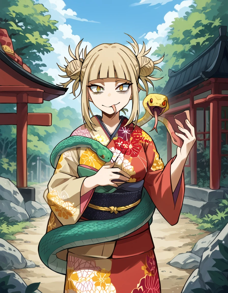 score_9, score_8_up, score_7_up, source_anime, <lora:himiko-toga-s5-ponyxl-lora-nochekaiser:1>, himiko toga, bangs, blonde hair, yellow eyes, blunt bangs, hair bun, double bun, messy hair, medium breasts, <lora:snake-wrapped-around-body-ponyxl-lora-nochekaiser:1> snake wrapped around body, animal, snake, holding, holding animal,, outdoors, shrine, long sleeves, japanese clothes, wide sleeves, kimono, sash, obi, floral print, print kimono, cowboy shot, looking at viewer, slit pupils, tongue, forked tongue,,