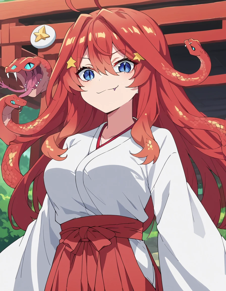 score_9, score_8_up, score_7_up, source_anime, <lora:itsuki-nakano-s2-ponyxl-lora-nochekaiser:0.5>, itsuki nakano, bangs, long hair, blue eyes, hair between eyes, ahoge, red hair, star (symbol), hair ornament, star hair ornament, large breasts, anime screencap, <lora:snake-hair-ponyxl-lora-nochekaiser:1> snake hair, monster girl, snake slit pupils, forked tongue, very long hair, outdoors, shrine, miko, japanese clothes, kimono, white kimono, hakama, red hakama, hakama skirt, looking at viewer, smile, smug,