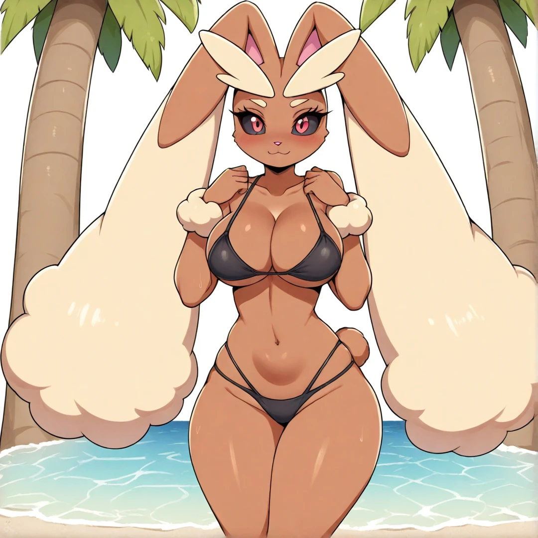 lopunny-waifu, bipedal, resembles a rabbit, brown coat, small round tail, lopped ears, tips of those ears are long, cream-colored fluffy fur, cream-colored fur around the wrists, lower legs and above its red eyes, black marking around eyes, above the eyes are two long, cream-colored furry extensions, resembling large eyebrows, her thighs and hips are thick, she has enourmous breasts, a big bubble butt, and a cute face, on a beach, palm trees, sunny weather, clear water, solo