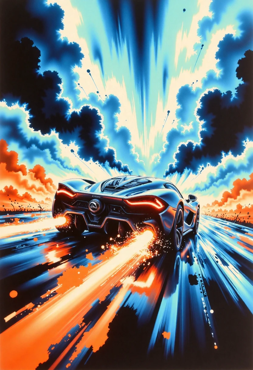 Luminink, a futuristic sports car, streaking across a cracked asphalt road, leaving trails of sparks and fire. dramatic, vibrant colors - deep blues, fiery oranges, and glowing whites. massive, fluffy, luminous clouds fill the sky, creating a dynamic backdrop to the fast-moving vehicle. impressionistic style, focus on movement and energy. elements of speed, stylized fire effect, and a sense of exhilaration. low angle shot, looking up at the car and the dramatic sky. the car's design is sleek, dark-blue, with glowing red taillights. detailed texture of the cracked pavement and the sparks. emphasis on motion blur.