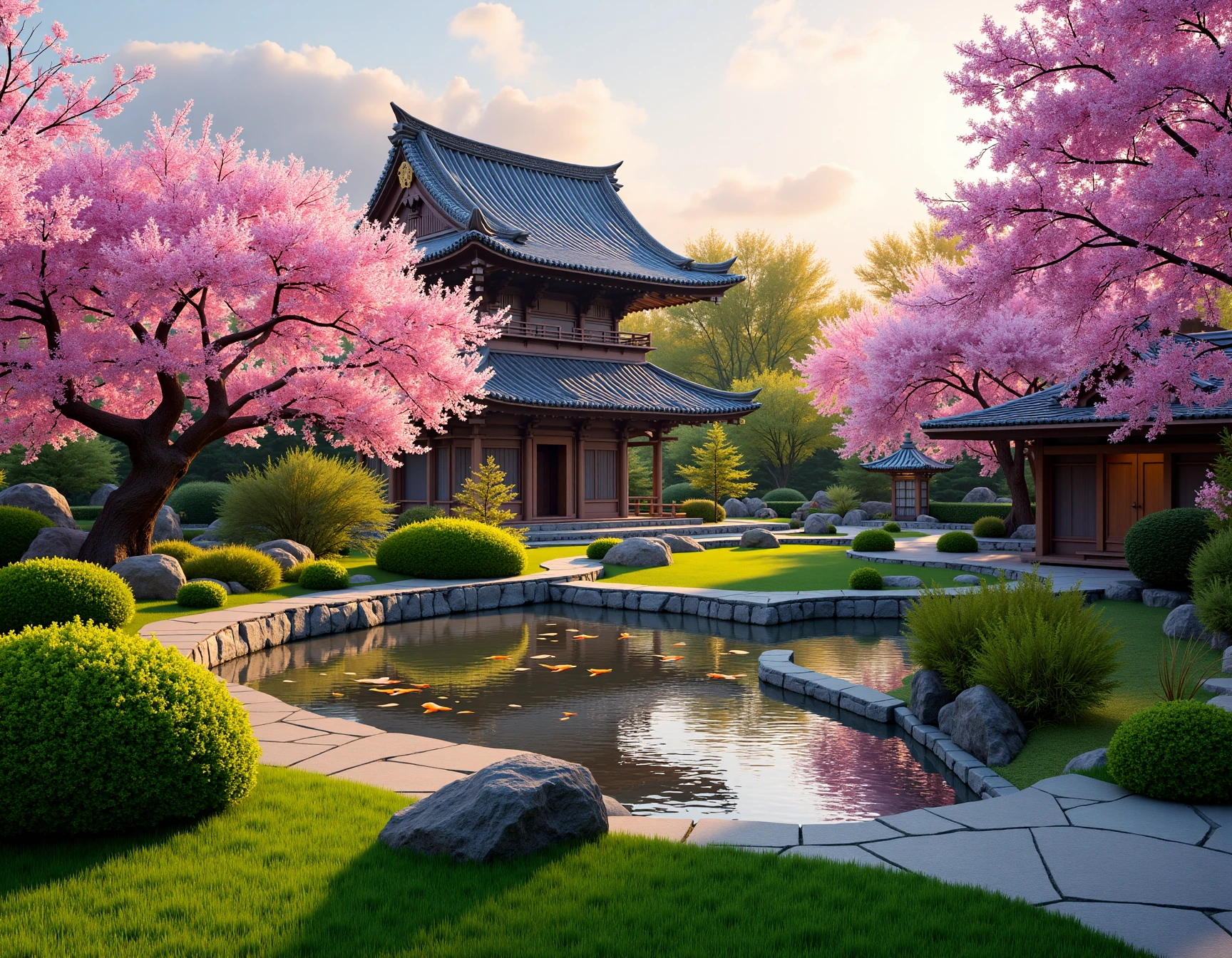 <lora:JJsJapaneseGraden_Flux:1> , ( japanese garden),masterpiece, best quality,Landscape, scenery, outdoors, building, tree, sky, real world location, grass, bush, flower, city, water, lawn, sidewalk,sakura, dawn, day, Water pool, temple,door,fish,falling petals,