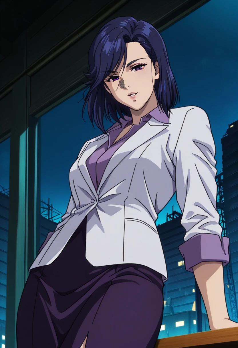 masterpiece, ultra quality, Beautiful detailed, extremely detailed,16K, exquisite, highres, Beautiful background, Beautiful eye, Beautiful skin, anime style, business suitを着ているSaekoがdowntown at nightで視聴者を誘う., Saeko, 28 years old, 1 girl, alone, Upper body, smile, ecstatic expression, looking at the viewer, erotic, charm的な, charm, (Muscular female slender body, clavicle, Fat, beautiful huge breasts, big ass, Fat, beautiful long legs), cleavage, perfect anatomy, sweaty, It's hard to breathe, vapor, (business suit), (white jacket)、(Purple shirt)、(pencil skirt)、(pantyhose)、(purple high heels)、downtown at night, From above, cowboy shot, perfect quality, good quality, masterpiece, HDR, UHD,