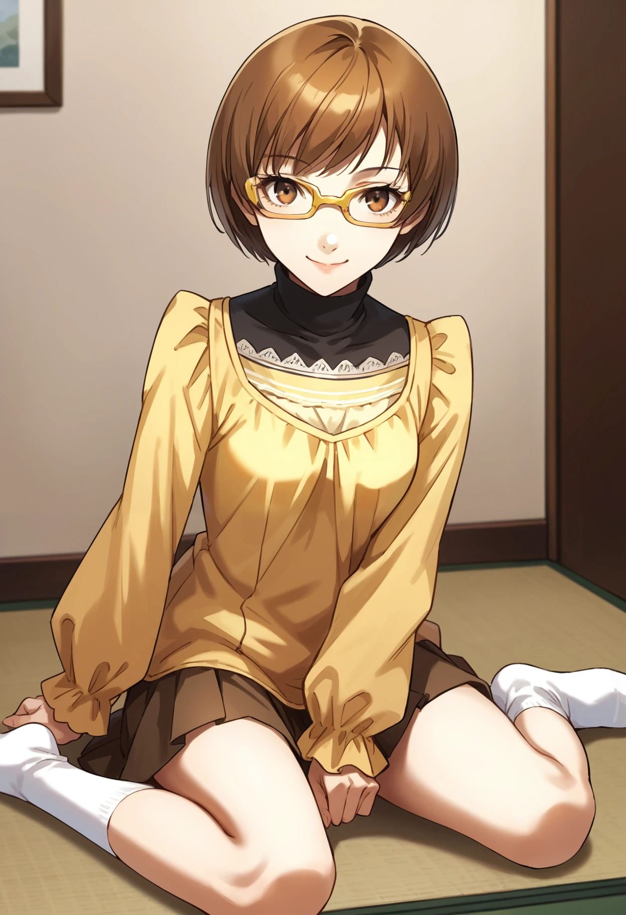 score_9, score_8_up, source_anime
1 girl, solo, cute face,
p4chie, satonaka chie, short hair, brown hair,
p4chie-wincas2, black turtleneck, long sleeves, yellow dress, long sleeve dress, ruffled dress, brown pleated skirt, calves, socks, glasses, yellow-framed eyewear
indoors, sitting, looking at viewer, smiling,
masterpiece, best quality, ultra detailed,