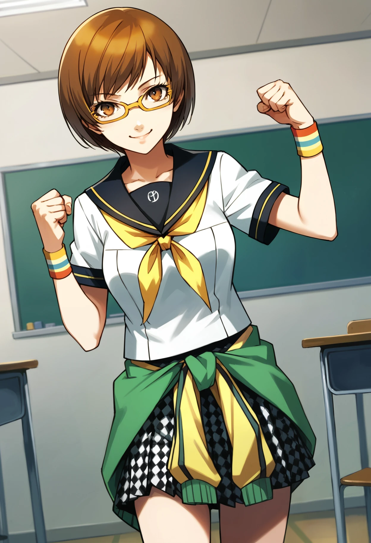 score_9, score_8_up, source_anime
1 girl, solo, cute face,
p4chie, satonaka chie, short hair, brown hair,
p4chie-sumuni, school uniform, serafuku, yasogami school uniform, neckerchief, jacket around waist, pleated skirt, houndstooth skirt, wristbands, multicolor wristbands, glasses, yellow-framed eyewear
classroom, standing, looking at viewer, smile, raised fist, celebrating, thighs,
masterpiece, best quality, ultra detailed,