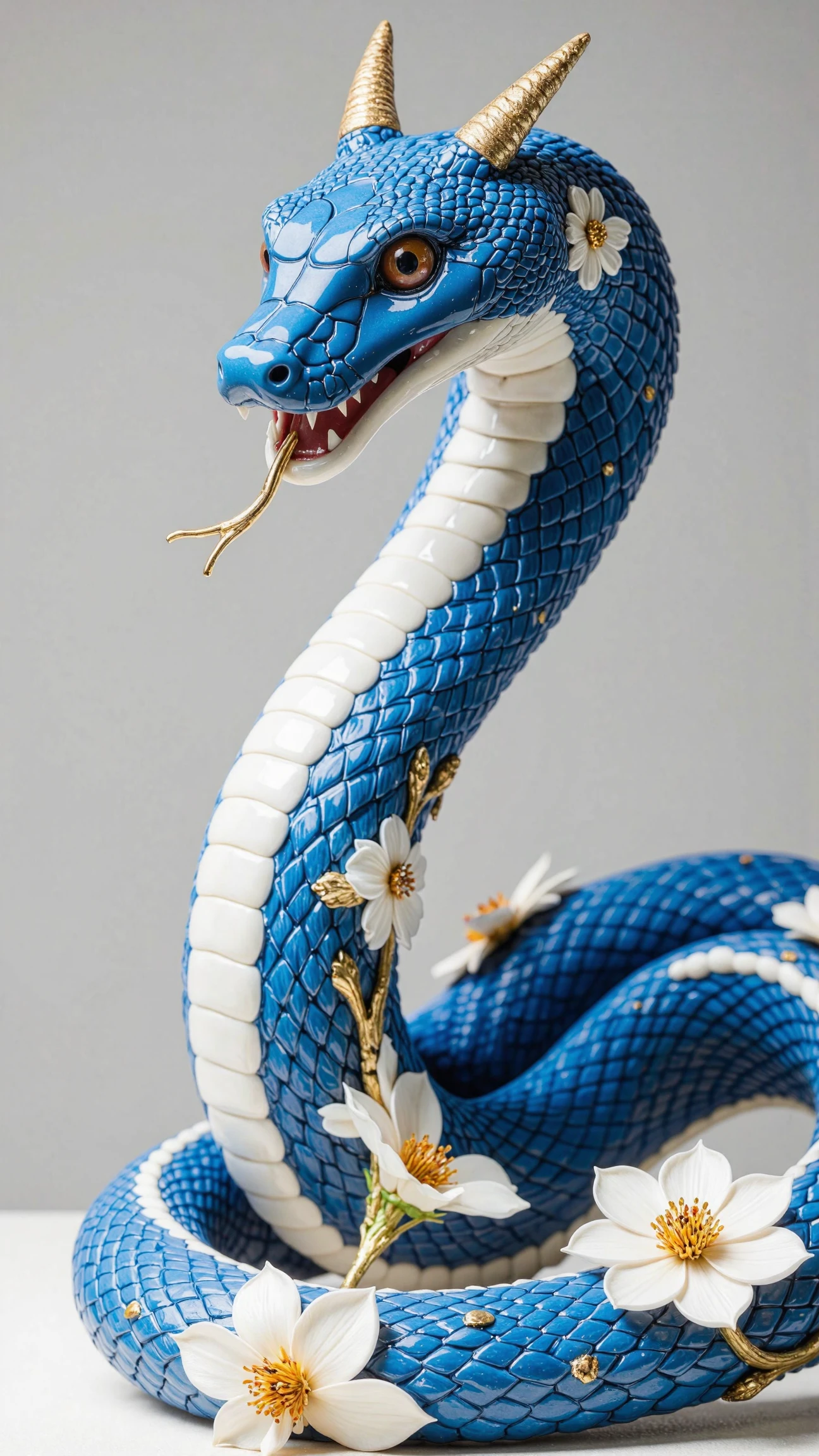RedCraft. The image is a high-resolution photograph of a highly detailed, ceramic snake. The snake's body is painted in a stunning blue and white porcelain glaze, reminiscent of traditional Japanese ceramics. Its scales are meticulously depicted with intricate, detailed patterns, giving it a lifelike texture. The snake's head is prominently displayed, showcasing its piercing, almond-shaped eyes with a slightly menacing gaze. Its mouth is slightly open, revealing two sharp, curved fangs and a forked, slightly curved tongue that extends out.
The snake's body is adorned with delicate, stylized white flowers and leaves, painted in a style that blends traditional Japanese aesthetics with the snake's form.