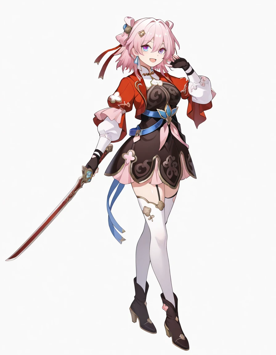 (masterpiece), (best quality), (ultra-detailed), Marchhunt, pink hair, blue eyes, purple eyes, multicolored eyes, HT_dress, HT_jacket, HT_hair_ribbon, hair between eyes, jewelry, closed mouth, earrings, fingerless gloves, high heels boots, HT_hair_ornament, HT_gloves, HT_thighhighs, HT_hair_bun, HT_sword, HT_shoes, looking at viewer, smile, simple background, white background, holding sword, holding weapon, hand up, smile, open mouth, 1girl, solo, standing, illustration, disheveled hair, detailed eyes, perfect composition, moist skin, intricate details, earrings