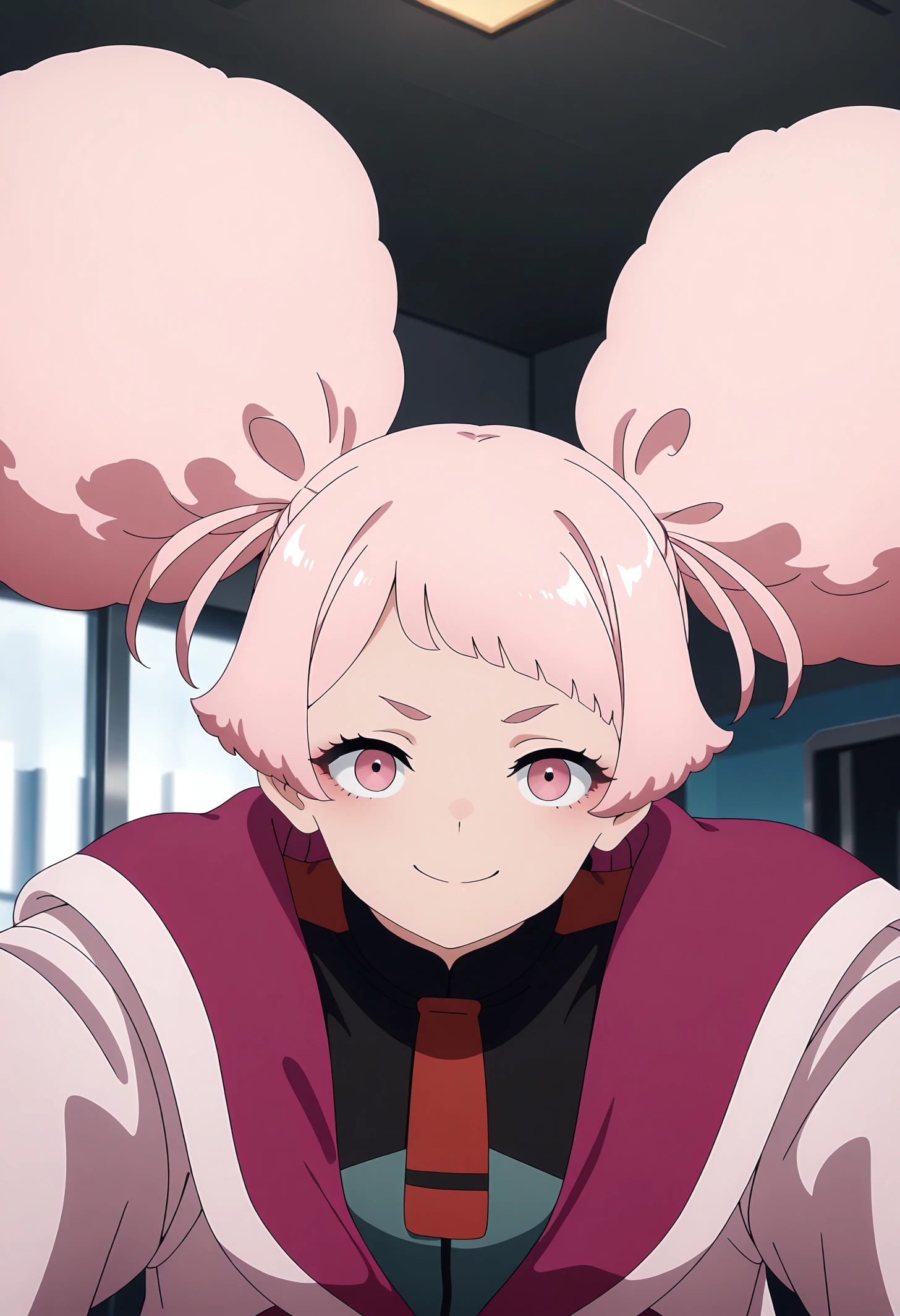 very aesthetic, high definition, amazing quality, masterpiece, best quality, highres, absurdres, sensitive, newest, anime screenshot, screencap,anime coloring,
1girl, solo, bangs, pink hair, pink eyes, hair bun, double bun, shirt, school uniform, jacket, pink jacket, asticassia school uniform, <lora:illustriousXL chuchu V1:1>
indoors,upper body,
looking at viewer, smile,