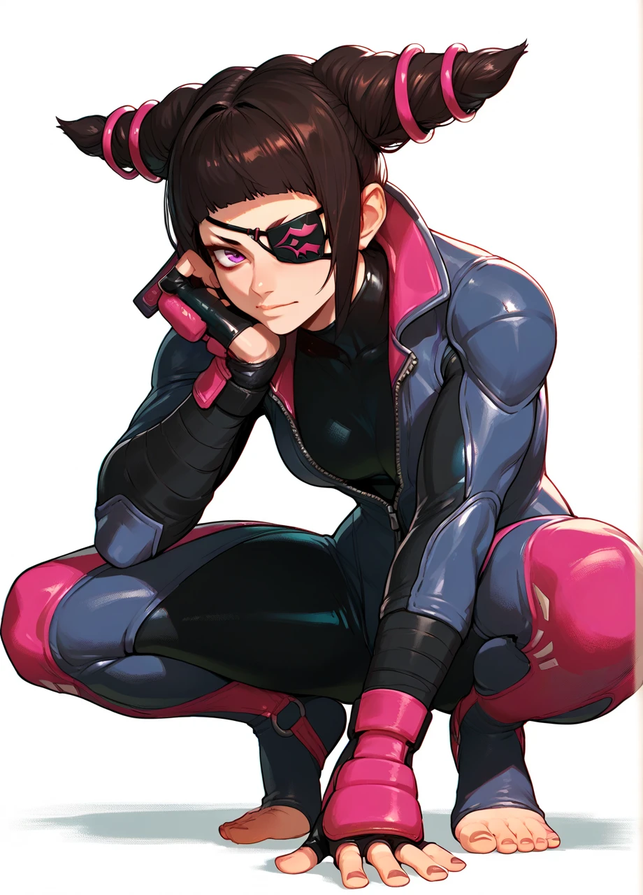 <lora:SF_JuriC2-PONY:0.8> 1girl, solo, squatting, toeless legwear, white background, sf6juric2, hair horns, bangs, purple eye, eyepatch, bodysuit, bikesuit, zipper, fingerless gloves, looking at viewer, score_9, score_8_up, score_7_up, score_6_up,