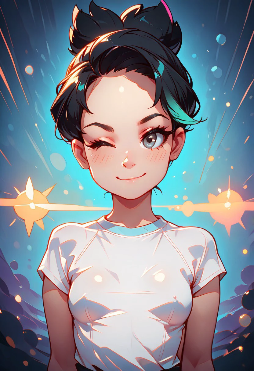 masterpiece, best quality,
Solo,1girl, Dtamer, hair bun, black hair, multicolored hair, highlights, gray eyes
upper body, dynamic pose, white tshirt, small breasts, smile, wink, peace sign
pastel colors, bokeh, luminescent background,