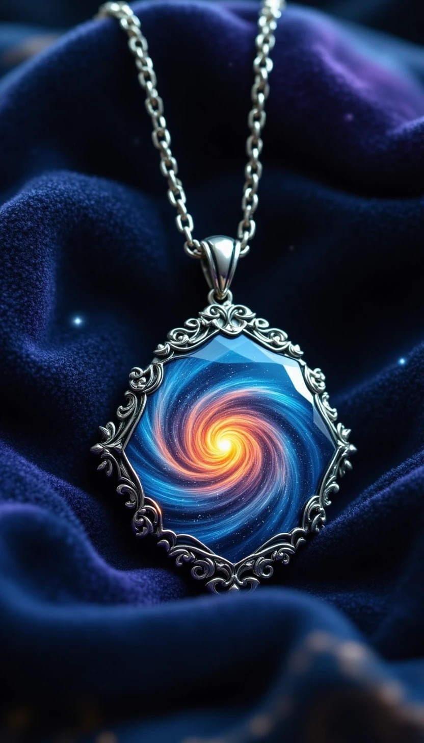 pinkfluxproultrafantasia,
Enchanted Pendant: A silver pendant with a swirling galaxy inside, suspended over a velvet cloth.