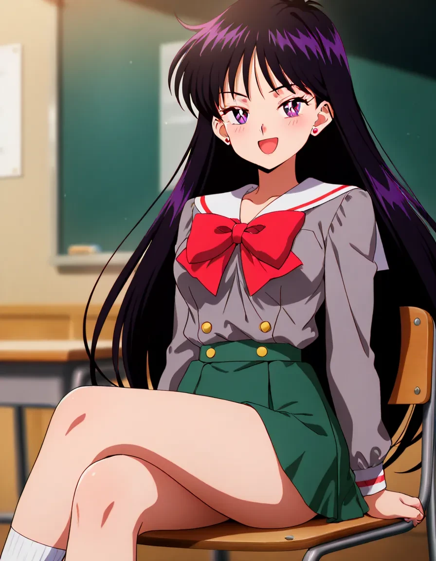 <lora:sailor_marsV2:1>,hino rei,1girl,solo,purple eyes,black hair,long hair,medium breasts,skirt,school uniform,earrings,jewelry,green skirt,pleated skirt,stud earrings,sailor collar,school uniform,long sleeves,miniskirt,bow,gray shirt,highres,depth of field,newest,official style,anime coloring,anime screencap,Anime,(best quality),(highly detailed),((masterpiece)),((best quality)),(ultra-detailed),((extremely detailed)),(high resolution),4K,(8K),(beautiful),(dynamic lighting),(super detailed skin),sharp focus,(source_anime,(masterpiece:1.2),best quality,very aesthetic),1girl,source_anime,rating_explicit,incredibly absurdres,absurdres,laughing,classroom,chair,sitting,crossed_legs,