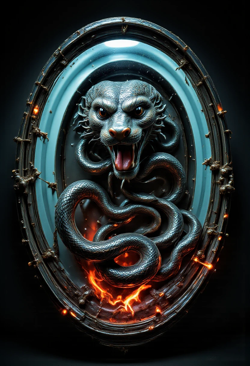 biomechanical style A hyper-realistic and intense scene of a snake appearing to emerge from a glowing digital screen, creating a 3D effect as if it is breaking into the viewer's space. The snake's head and part of its body are reaching out of the screen, its fangs exposed in an aggressive posture. The screen appears cracked and distorted at the edges where the snake is breaking through, with glowing fragments and electrical sparks adding to the dramatic effect. The background is dark, amplifying the sense of depth and realism.. cer1micsn1ke <lora:FLUX_cer1micsn1ke_LoRA:1> <lora:aidmaFLUXpro1.1:0.32> aidmaabdhr <lora:aidmaAbadonedHorror:0.66> <lora:Mushroom_Portrait_Flux_v1:0.50> <lora:FLUX_Bizarredreams:0.80> <lora:FLUX_QVL_LoRA:0.60> <lora:FLUX_ga53oom_LoRA:1> ga53oom background . blend of organic and mechanical elements, futuristic, cybernetic, detailed, intricate