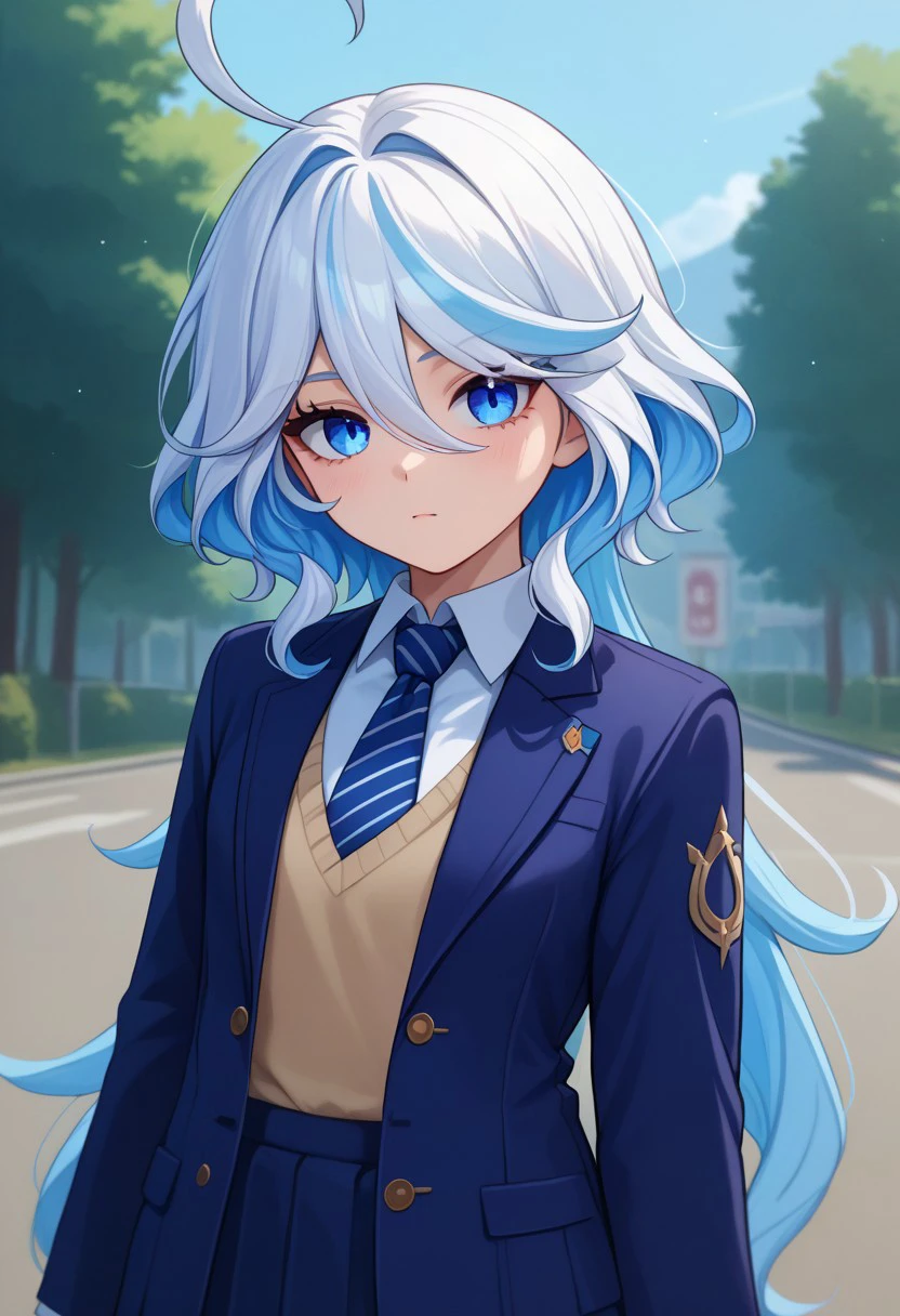 score_9, score_7_up, source_anime
furinagen,
1girl solo, blue eyes, long hair, bangs, hair between eyes, multicolored hair, two-tone hair, streaked hair, white hair, light blue hair, ahoge, school uniform, shirt, white shirt, collared shirt, necktie, striped necktie, sweater, jacket, blazer, open jacket, open clothes
outdoor,
