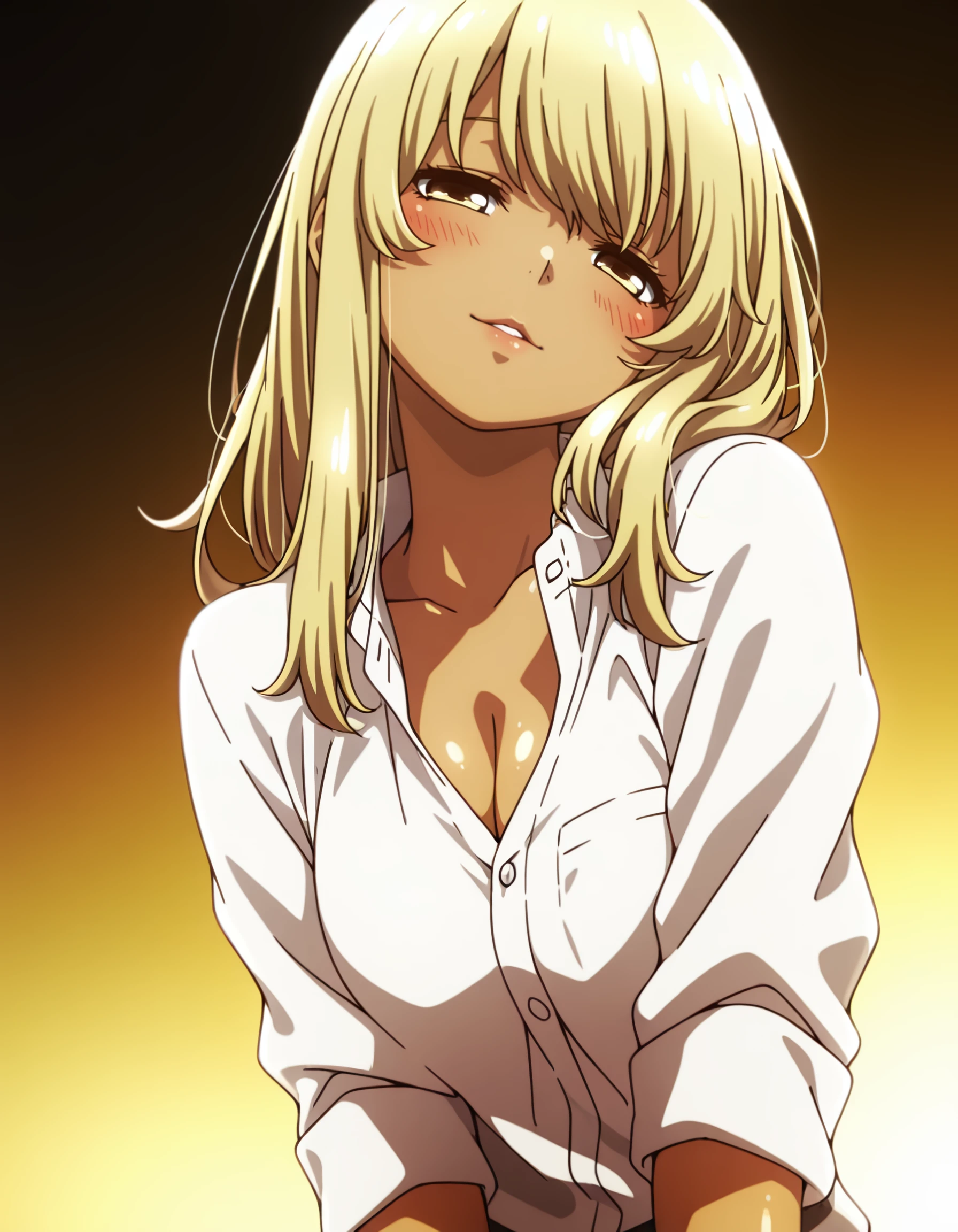 <lora:kana_higa_IL:1> 1girl, solo, yellow_theme, half-closed_eyes, lips, parted_lips, blush, shiny_skin, light_smile, head_tilt, looking_at_viewer, simple_background, backlighting, gradient_background, rating:safe, kana_higa, long_hair, blonde_hair, yellow_eyes, brown_eyes, dark-skinned_female, collared_shirt, breasts, cleavage, sleeves_rolled_up