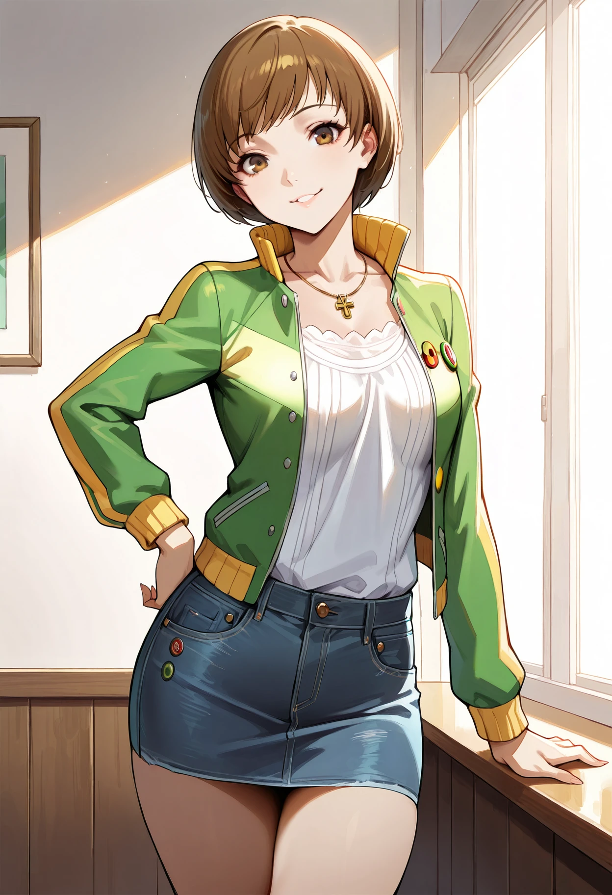 (masterwork, masterpiece, best quality, hyper-detailed :1.2),
1 girl, solo, cute face,
p4chie, satonaka chie, short hair, brown hair
p4chie-wincas, jewelry, pendant, jacket, open jacket, green jacket, white shirt, track jacket, jacket, button badge, miniskirt, denim skirt, thighs
indoors, looking at viewer, smiling,