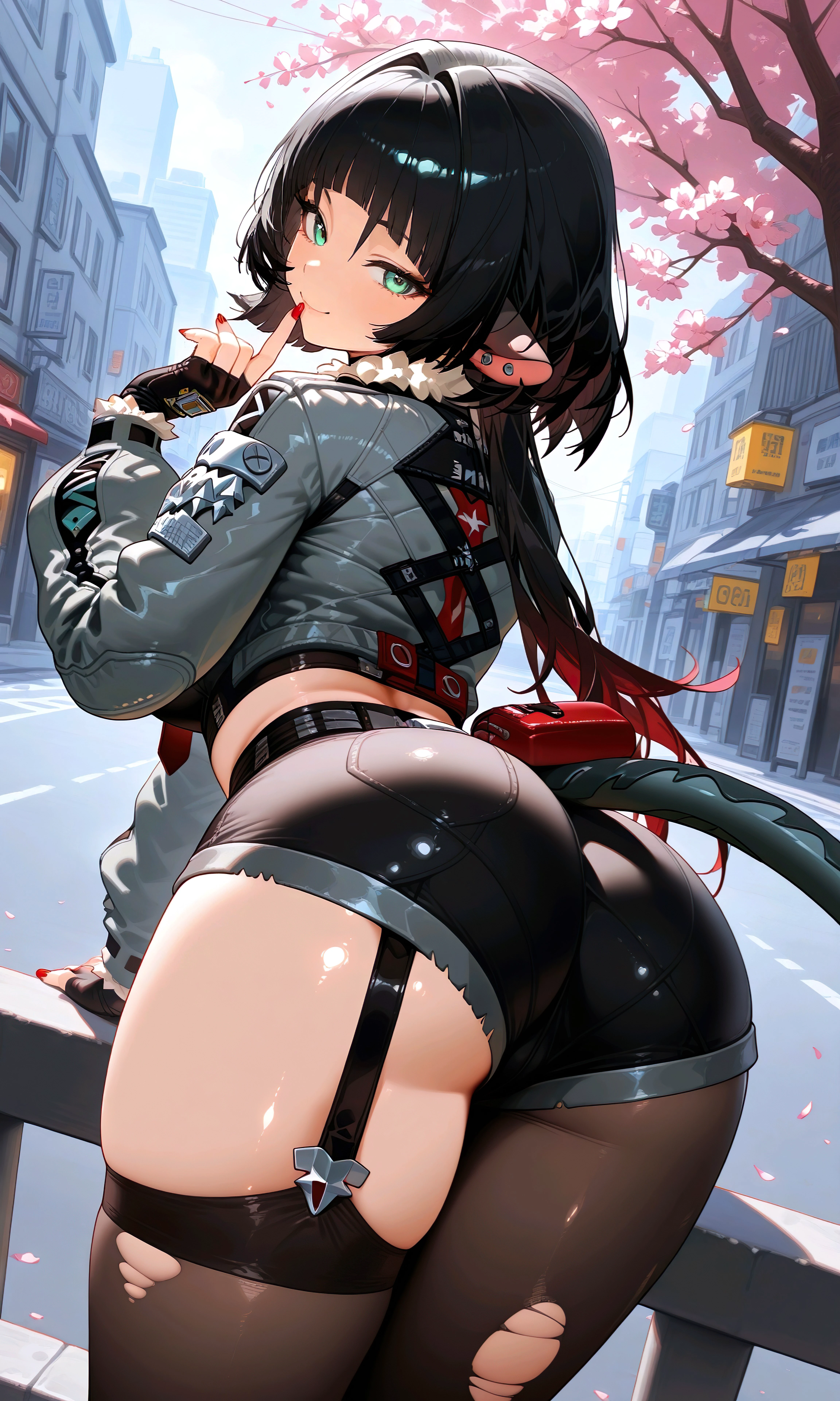 1girl, solo, beautiful detailed eyes, masterpiece, best quality, intricate details, absurdres, outdoors, street, cherry blossoms, cowboy shot, shiny skin, close-up, jane doe \(zenless zone zero\), aqua eyes, black hair, two-tone hair, multicolored hair, long hair, blunt bangs, mouse ears, tail, looking back, grey jacket, cropped jackey, fur-trimmed jacket, black crop top, necktie, black gloves, fingerless gloves, black shorts, high-waist shorts, midriff, thighhigh, pantyhose, single garter strap, torn legwear, asymmetrical legwear, legs together, arched back, red nails, earpiercing, fingernails, bent over, arm support, from side