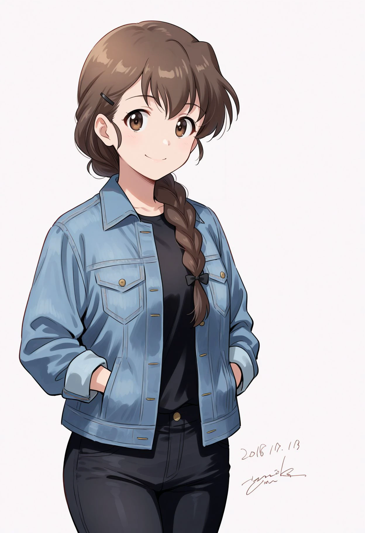 masterpiece, best quality,
<lora:Rukuriri illu:0.7>, 1girl, single braid, brown hair, black shirt, hair over shoulder, smile, looking at viewer, brown eyes, white background, artist name, long hair, simple background, denim jacket, hair ornament, signature, standing, black pants, hairclip, closed mouth, dated, one-hour drawing challenge, casual, cowboy shot, black ribbon, open clothes, long sleeves, hands in pockets, braided ponytail, hair ribbon, blue jacket, twitter username, open jacket
