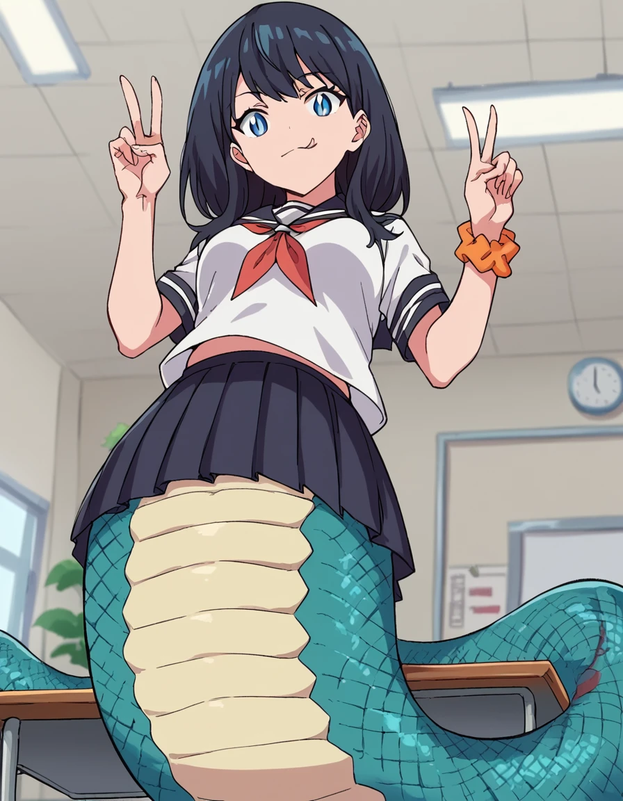 score_9, score_8_up, score_7_up, source_anime, <lora:rikka-takarada-s1-ponyxl-lora-nochekaiser:1>, rikka takarada, black hair, blue eyes, long hair, orange scrunchie, scrunchie, wrist scrunchie, medium breasts, <lora:lamia-ponyxl-lora-nochekaiser:1> lamia, slit pupils, tongue, forked tongue, full body, snake, no legs,, classroom, serafuku, pleated skirt, white shirt, red neckerchief, solo, from below, hands up, v, looking at viewer,,