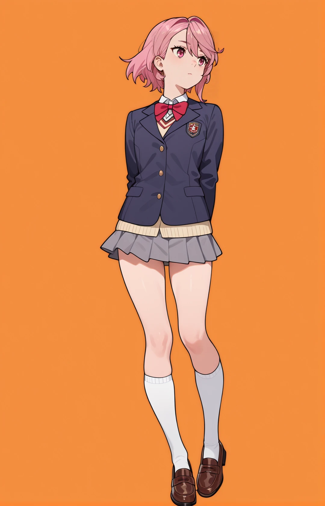 perfect quality,high quality,masterpiece,best quality,amazing quality,very aesthetic,absurdres,newest,
front view,full_shot,Doubtful expression,
<lora:ShiratoriAiraCYQL:1>,ShiratoriAiraCYQL,1girl,solo,short hair,pink hair,pink eyes,school uniform,blazer,jacket,bowtie,red bowtie,long sleeves,miniskirt,grey skirt,kneehighs,white socks,loafers,brown footwear,
full body,standing,arms_behind_back,,
orangered background,simple background,
<lora:ponyv4_noob1_2_adamW:0.7>,<lora:USNR STYLE_XL_loha:1>,usnr,<lora:MeMaXL4:0.4>,,