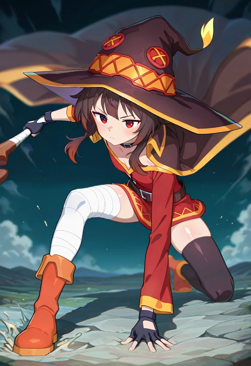 1girl, megumin, red eyes, short hair with long locks, brown hair,
red dress, black choker, fingerless gloves, belt, black gloves, single thighhigh, black thighhighs, bandaged leg, boots, collar, cape, witch hat,
superhero landing,
colorful, shiny skin,
masterpiece, best quality, amazing quality, very aesthetic, absurdres, newest, scenery, (volumetric lighting:1.1), depth of field <lora:Superhero_landing:1>