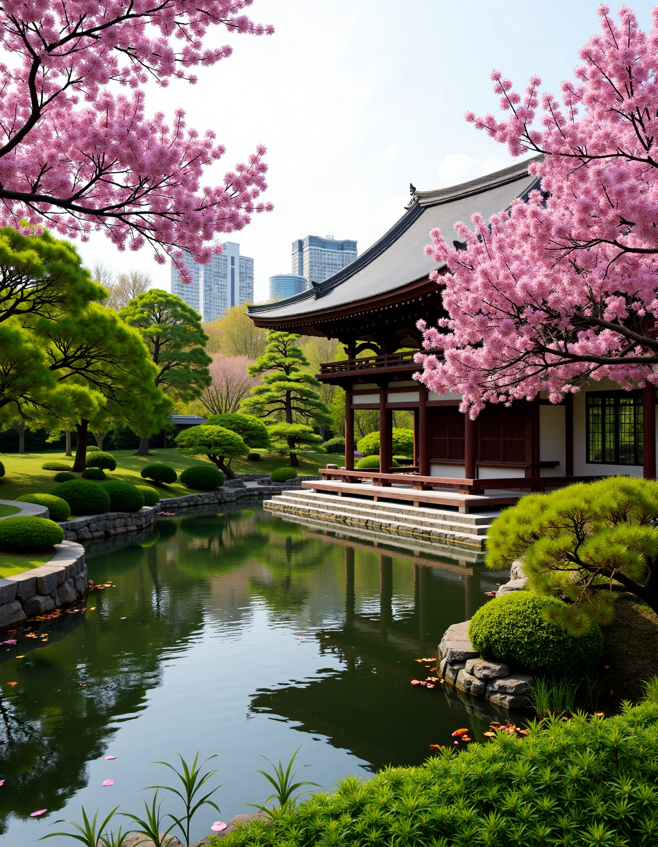 <lora:JJsJapaneseGraden_Flux:1> , ( japanese garden),masterpiece, best quality,Landscape, scenery, outdoors, building, tree, sky, real world location, grass, bush, flower, city, water, lawn, sidewalk,sakura, dawn, day, Water pool, temple,door,fish,falling petals,