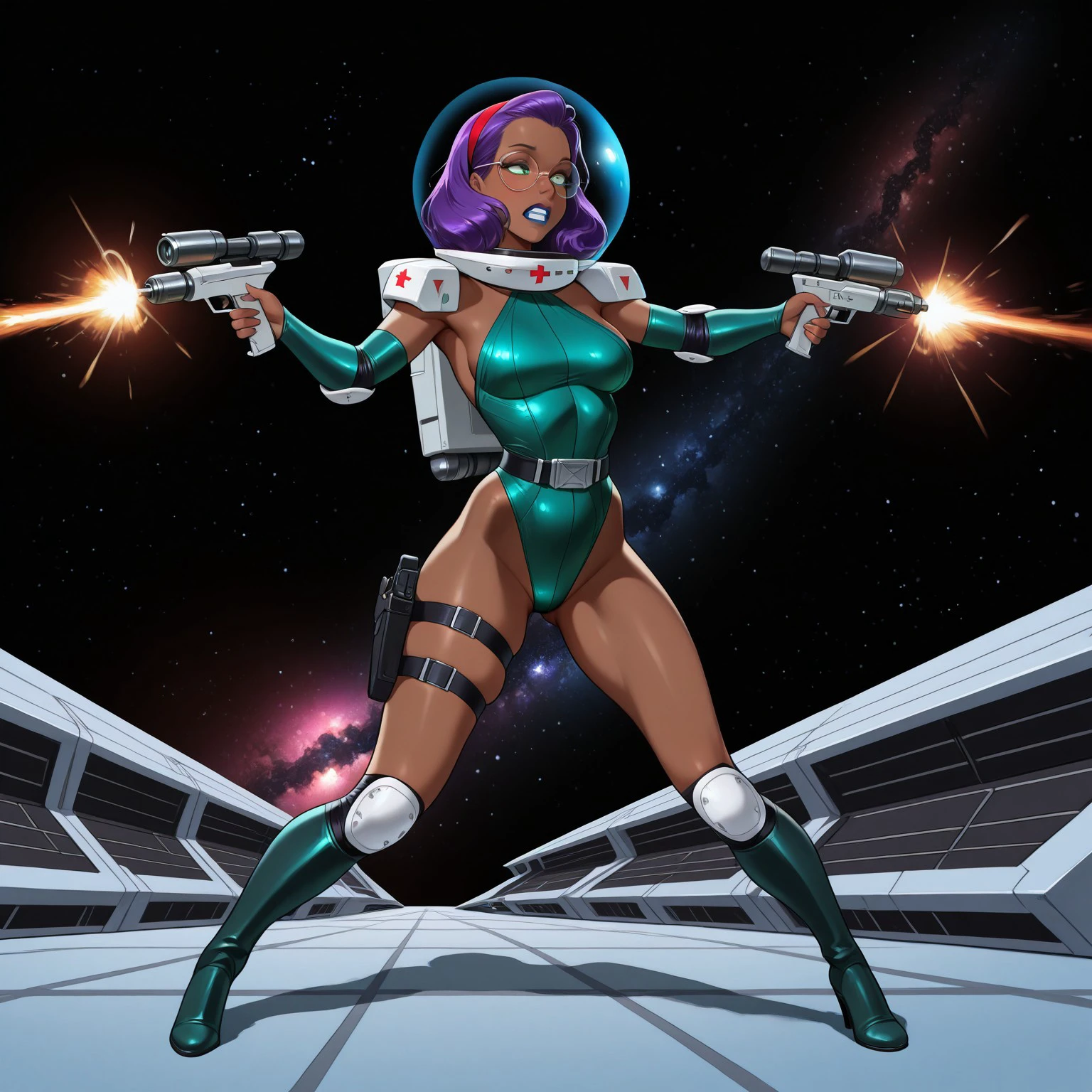 safe_pos, science fiction, score_9, score_8_up, score_7_up, source_cartoon, best quality, absurdres,
BREAK
1girl, round glasses, green eyes, medium breasts, curled ends, purple hair, belt, thigh holster, blue lipstick, medium hair under helmet, (dark-skinned female wearing head-sized space helmet), harness , jetpack strapped to back, helmet overlapping head, red hairband, knee boots, green leotard, shoulder pads, elbow pads, red halterneck, blue space helmet
BREAK
pizza box on floor, full body, space station, bridal gauntlets, holding gun, aiming gesture, legs apart, dynamic pose, robots, lasers, space, galaxy, metallic terrain, spacecraft, wide-eyed, clenched teeth, half-lidded eyes, muzzle flash,