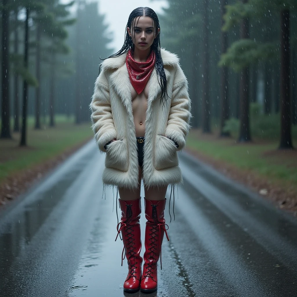 flux-wet ultra hd photo a woman with wet black hair with a wet red bandana, standing on a road on the edge of a forest in the rain, with a wet white fur coat and red lace-up thigh-high boots