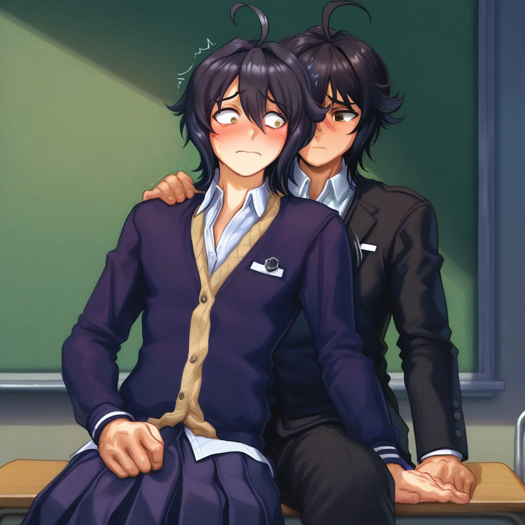 1 boy, dark hair, ahoge, school uniform, shy