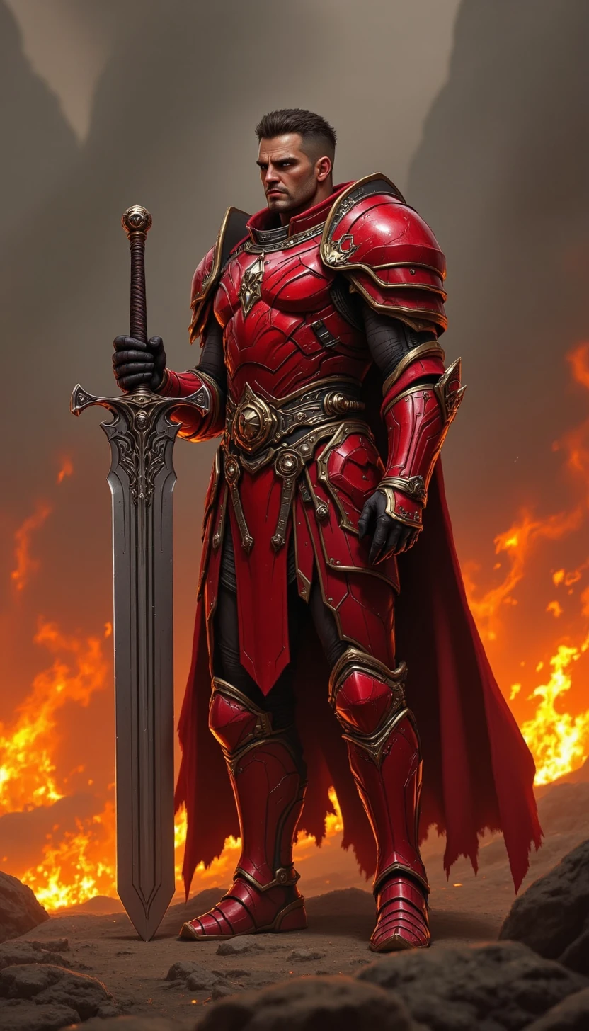 pinkfluxproultrafantasia,
A man in crimson armor, holding a massive broadsword, standing in a battlefield strewn with glowing embers. His face is stoic yet scarred, revealing his veteran status.
