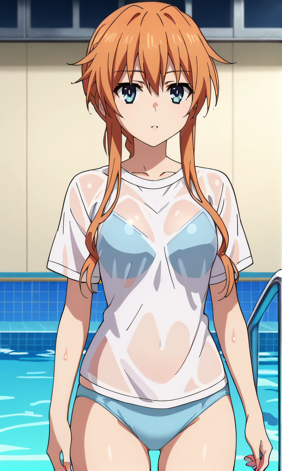 score_9, score_8_up, score_7_up, source_anime, rating_safe, intricate details, anime screencap, official style, anime coloring, 1girl, solo, <lora:Yamai_Yuzuru:1>, yuzuru, orange hair, blue eyes, braid, expressionless, white shirt, wet clothes, blue panties, parted lips, looking at viewer, indoor, cowboy shot, pool behind, thighs, standing