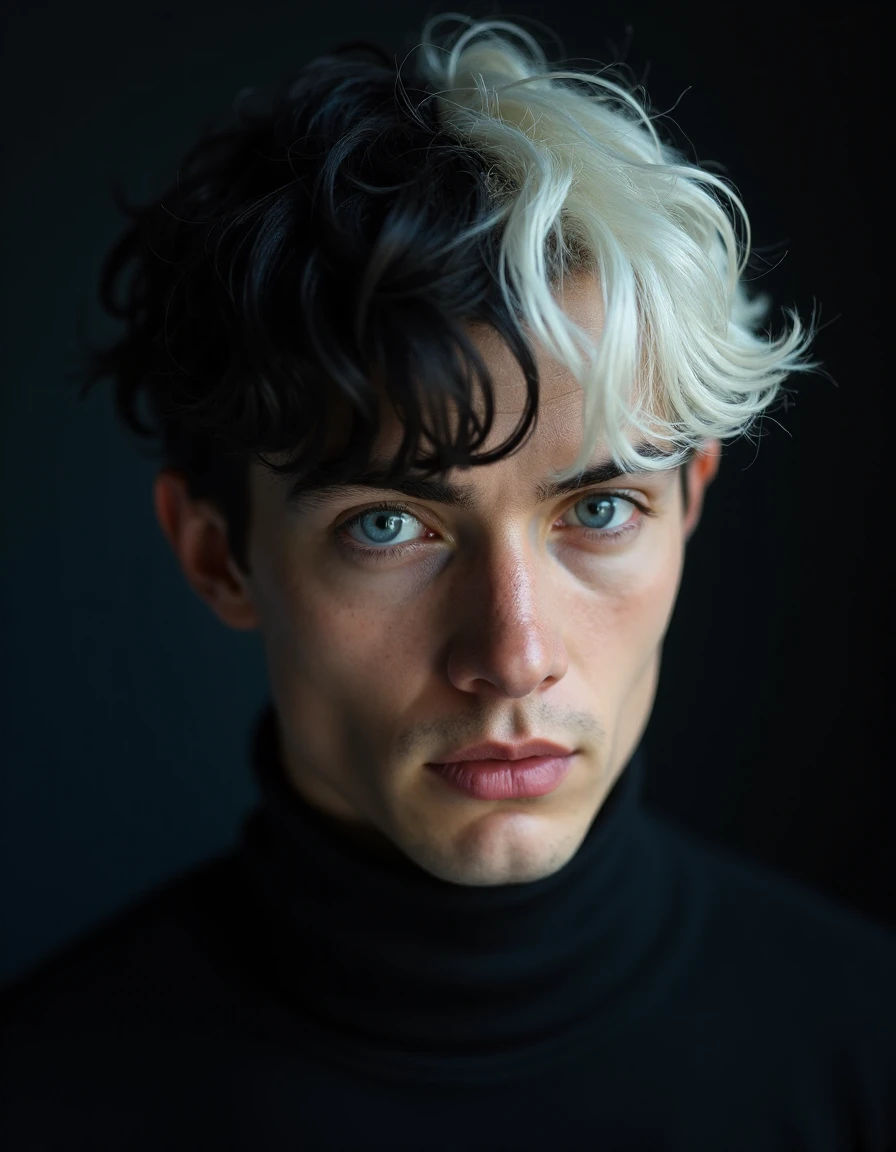 breathtaking whtblckhar10 a man with half white hair and half black hair and blue eyes wearing a black turtle neck sweater against a dark background.Textured skin,<lora:whtblckhar10:1>,, detailed skin texture, (blush:0.5), (goosebumps:0.5), subsurface scattering, RAW candid cinema, 16mm, color graded portra 400 film, remarkable color, ultra realistic, textured skin, remarkable detailed pupils, realistic dull skin noise, visible skin detail, skin fuzz, dry skin, shot with cinematic camera . award-winning, professional, highly detailed