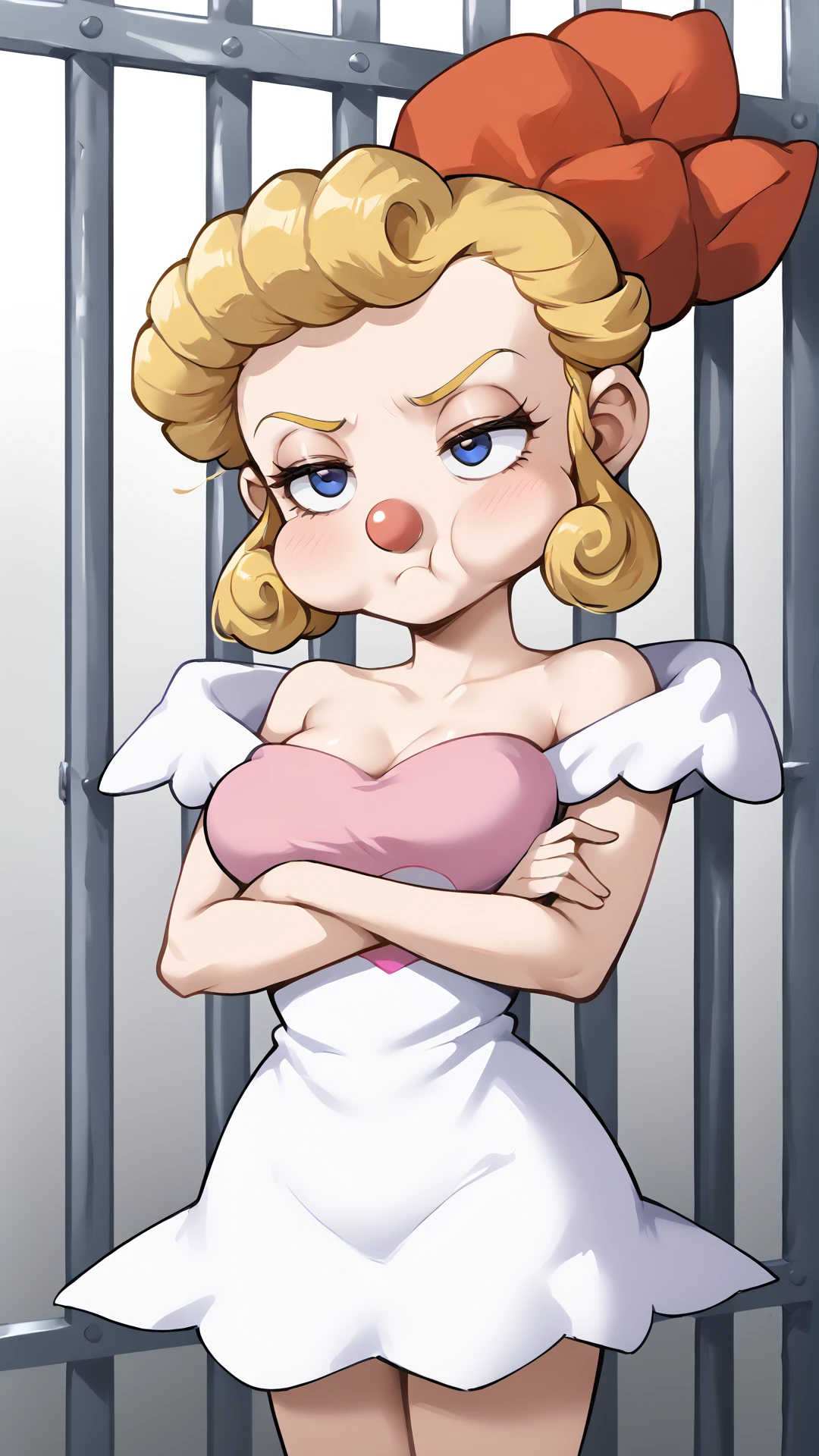 <lora:Kid_Klown_Princess_Honey:1> kk-princesshoney, blonde hair, clown nose, blonde hair, no mouth, medium breasts, , <lora:puffy cheeks (pony) v1:0.8> puffy-cheeks, puffy cheeks, pout, cheek bulge, holding breath, crossed arms, cage, iron bars, behind bars, prison,, score 9, score 8 up, score 7 up, score 6 up, score 5 up, score 4 up,