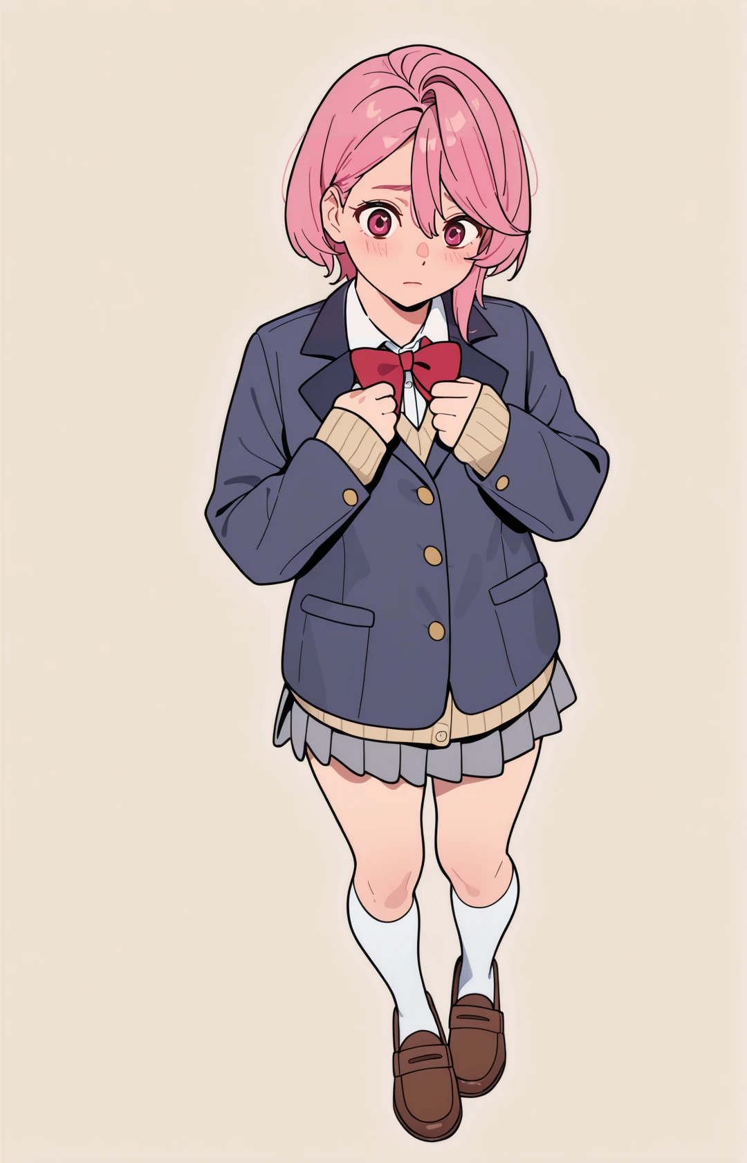 perfect quality,high quality,masterpiece,best quality,amazing quality,very aesthetic,absurdres,newest,
front view,full_shot,Raised eyebrows,
<lora:ShiratoriAiraCYQL:1>,ShiratoriAiraCYQL,1girl,solo,short hair,pink hair,pink eyes,school uniform,blazer,jacket,bowtie,red bowtie,long sleeves,miniskirt,grey skirt,kneehighs,white socks,loafers,brown footwear,
full body,standing,v,,
gray background,simple background,
<lora:semham4:0.7>,<lora:748cmSDXL:0.7>,748cmstyle,,