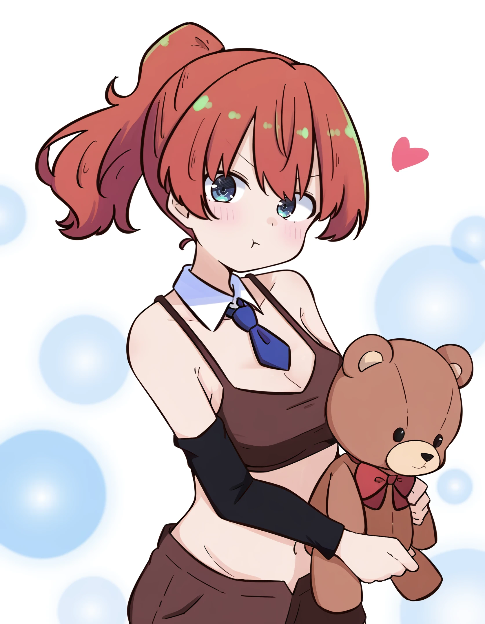 <lora:keni_IL:1> rating:safe, keni, short_hair, red_hair, ponytail, blue_eyes, detached_collar, blue_necktie, detached_sleeve, black_sleeve, single_sleeve, navel, brown_crop_top, brown_shorts, short_shorts, lens_flare, floating_hair, floating_clothes, (kujou_karasuma:1.0), 1girl, :t, bow, closed_mouth, cowboy_shot, heart, holding, holding_stuffed_toy, looking_at_viewer, mob_cap, one_side_up, puffy_cheeks, red_bow, solo, standing, stuffed_toy, teddy_bear, v-shaped_eyebrows, white_background, masterpiece, detailed, best_quality