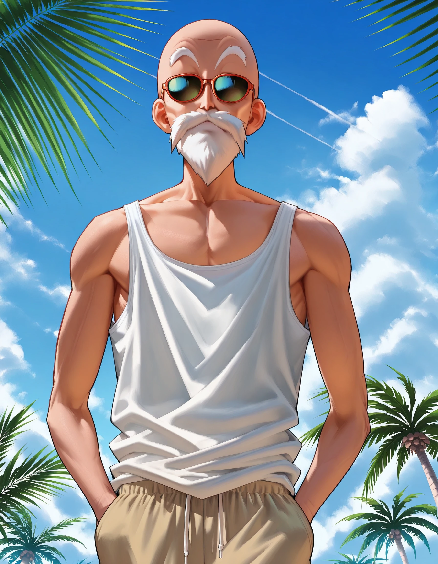 masterpiece,best quality,
roshiill, solo, 1boy, closed mouth, upper body, male focus, glasses, sunglasses, portrait,tank top, collarbone, cowboy shot, standing,brown pants,,blue sky, hands in pockets, palm tree, looking at viewer,
<lora:Sakimichan_Style_-_Illustrious:1> ,<lora:roshiill:1>