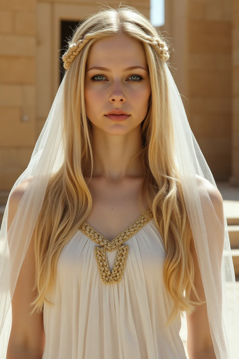 An ethereal depiction of an ancient goddess or princess, inspired by classical mythology. The woman has delicate, noble features and is adorned in a flowing, white Grecian-style gown with gold accents along the neckline. Her long, golden hair is styled in loose waves and intricate braids, cascading over her shoulder. A sheer, patterned veil drapes over her head, framing her serene expression and bright, piercing blue eyes. She stands in soft, natural light, with blurred, sandy stone structures in the background, evoking the grandeur of an ancient palace or temple. The atmosphere radiates grace, poise, and a sense of timeless beauty.