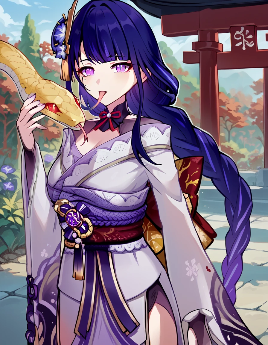 score_9, score_8_up, score_7_up, source_anime, <lora:raiden-shogun-ingame-ponyxl-lora-nochekaiser:1>, raiden shogun, braid, braided ponytail, hair flower, hair ornament, long hair, mole, mole under eye, purple eyes, purple flower, purple hair, single braid, sidelocks, large breasts, <lora:snake-wrapped-around-body-ponyxl-lora-nochekaiser:1> snake wrapped around body, animal, snake, holding, holding animal,, outdoors, shrine, long sleeves, japanese clothes, wide sleeves, kimono, sash, obi, floral print, print kimono, cowboy shot, looking at viewer, slit pupils, tongue, forked tongue,,