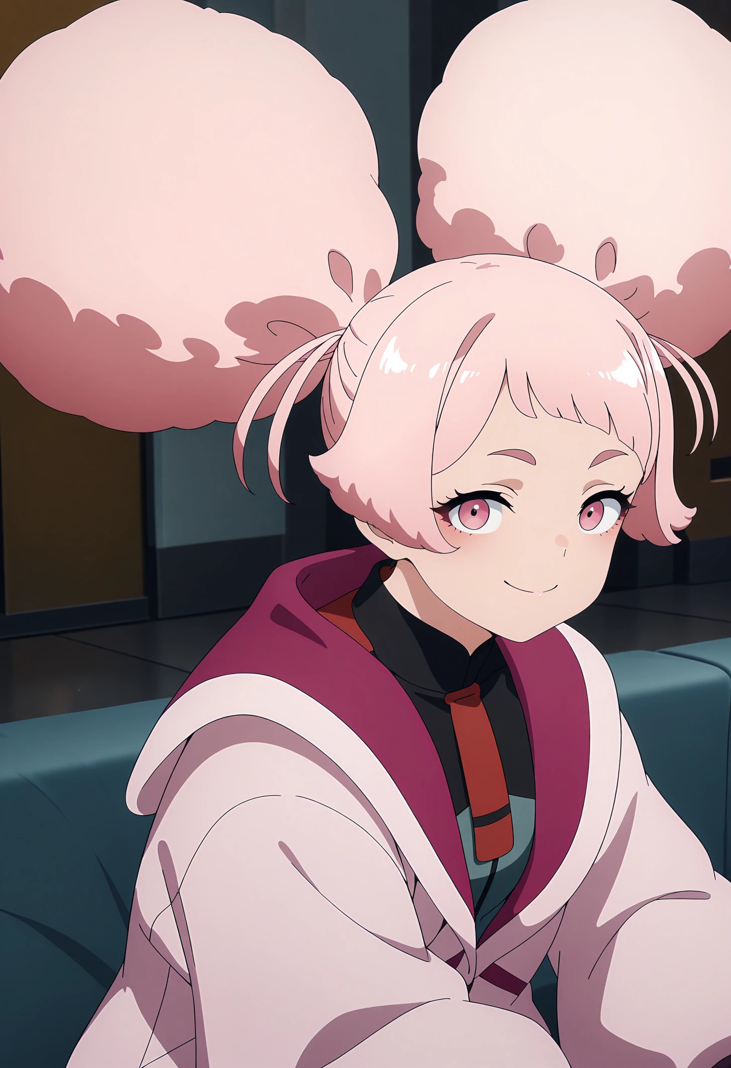 very aesthetic, high definition, amazing quality, masterpiece, best quality, highres, absurdres, sensitive, newest, anime screenshot, screencap,anime coloring,
1girl, solo, bangs, pink hair, pink eyes, hair bun, double bun, shirt, school uniform, jacket, pink jacket, asticassia school uniform, <lora:illustriousXL chuchu V1:1>
indoors,upper body,
looking at viewer, smile,