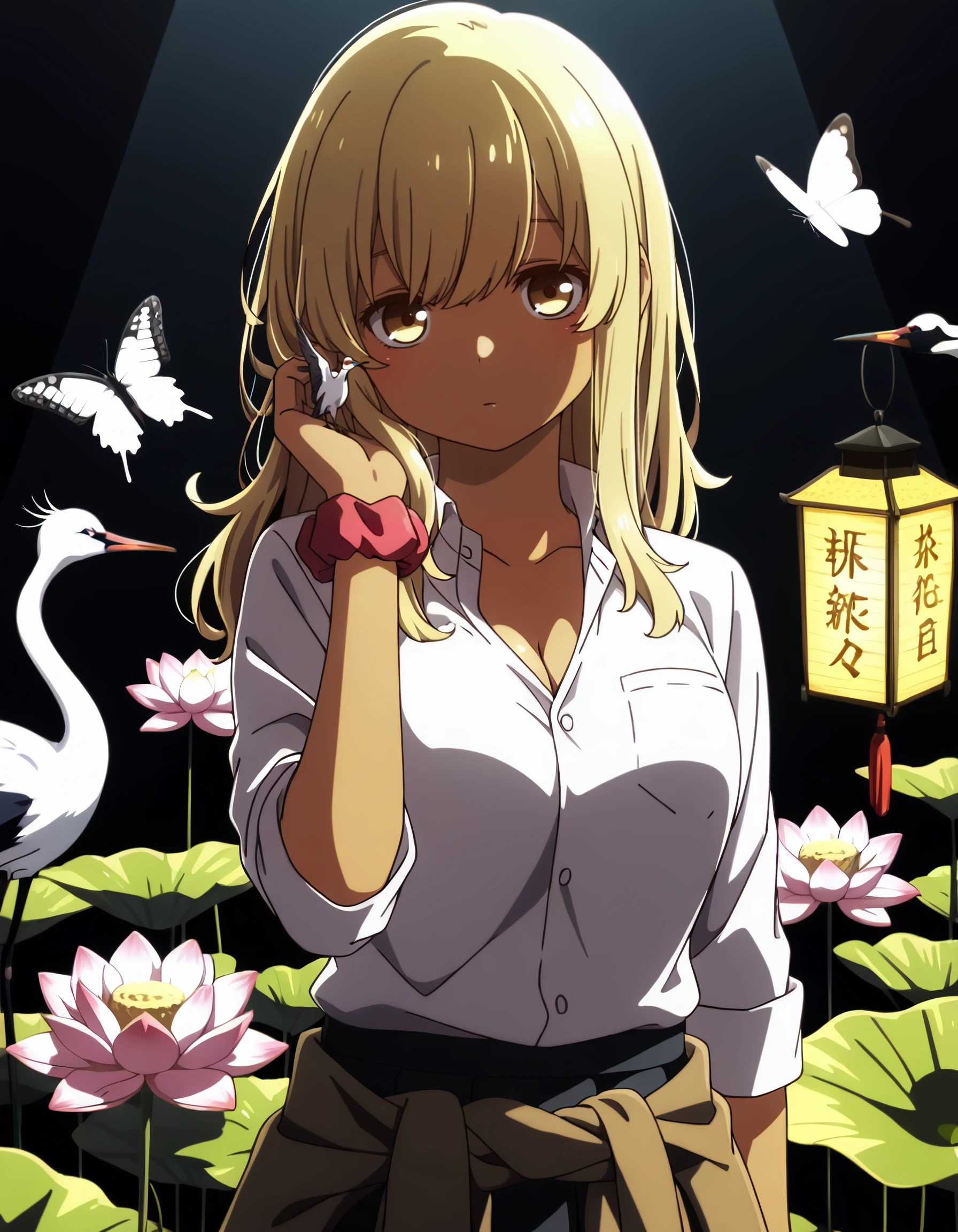 <lora:kana_higa_IL:1> rating:safe, kana_higa, long_hair, blonde_hair, yellow_eyes, brown_eyes, dark-skinned_female, school_uniform, collared_shirt, breasts, cleavage, white_shirt, wrist_scrunchie, sleeves_rolled_up, pleated_skirt, clothes_around_waist, 1girl, backlighting, bird, bug, butterfly, flower, lantern, looking_at_viewer, lotus, night, red-crowned_crane, solo, upper_body, white_butterfly, dark, shadow, spotlight, masterpiece, detailed, best_quality