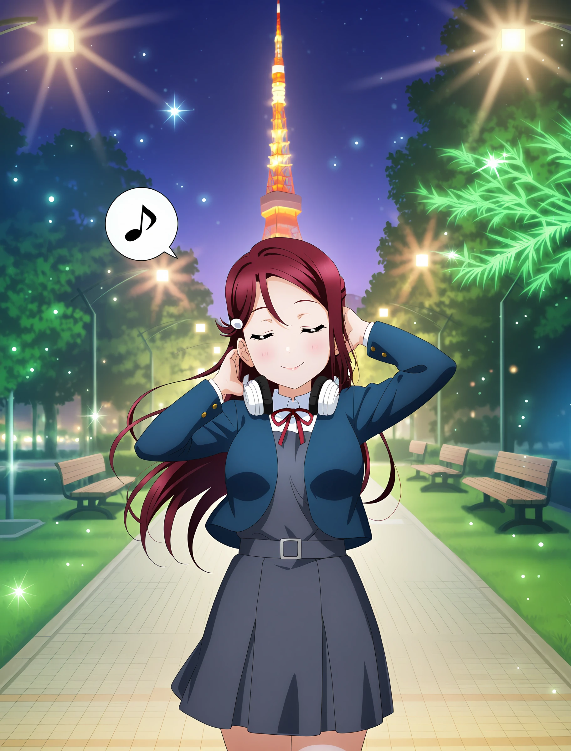 <lora:Koto-Umi-Riko-Shizu-Setsu-LLAS-IllustriousXLV01-V1:0.5> <lora:Koto-Umi-Riko-Shizu-Setsu-LLAS-NoobAIXLV11-V1:0.5> <lora:sdxl-boldline:-0.8> <lora:il_saturation_slider_d1:-0.2>
<lora:Shibakoen-IllustriousXLV01-V1:1>
(llas:1.2), (masterpiece, very aesthetic, absurdres, very awa:1.2), best quality, highres, newest, perfect anatomy, perfect lighting, anime coloring, anime screenshot BREAK
sparkle, light particles, light rays, depth of field BREAK
1girl, solo, looking at viewer, cowboy shot BREAK
sakurauchi riko, (spoken musical note:1.2), (headphones around neck, arms up) BREAK
large breasts, lips, closed eyes BREAK
(yuigaoka school uniform, winter uniform:1.2), long sleeves, blue blazer BREAK
shibakoen, (tokyotower:1.2), road, grass, tree, bench, lamppost, night, night sky, light, lights