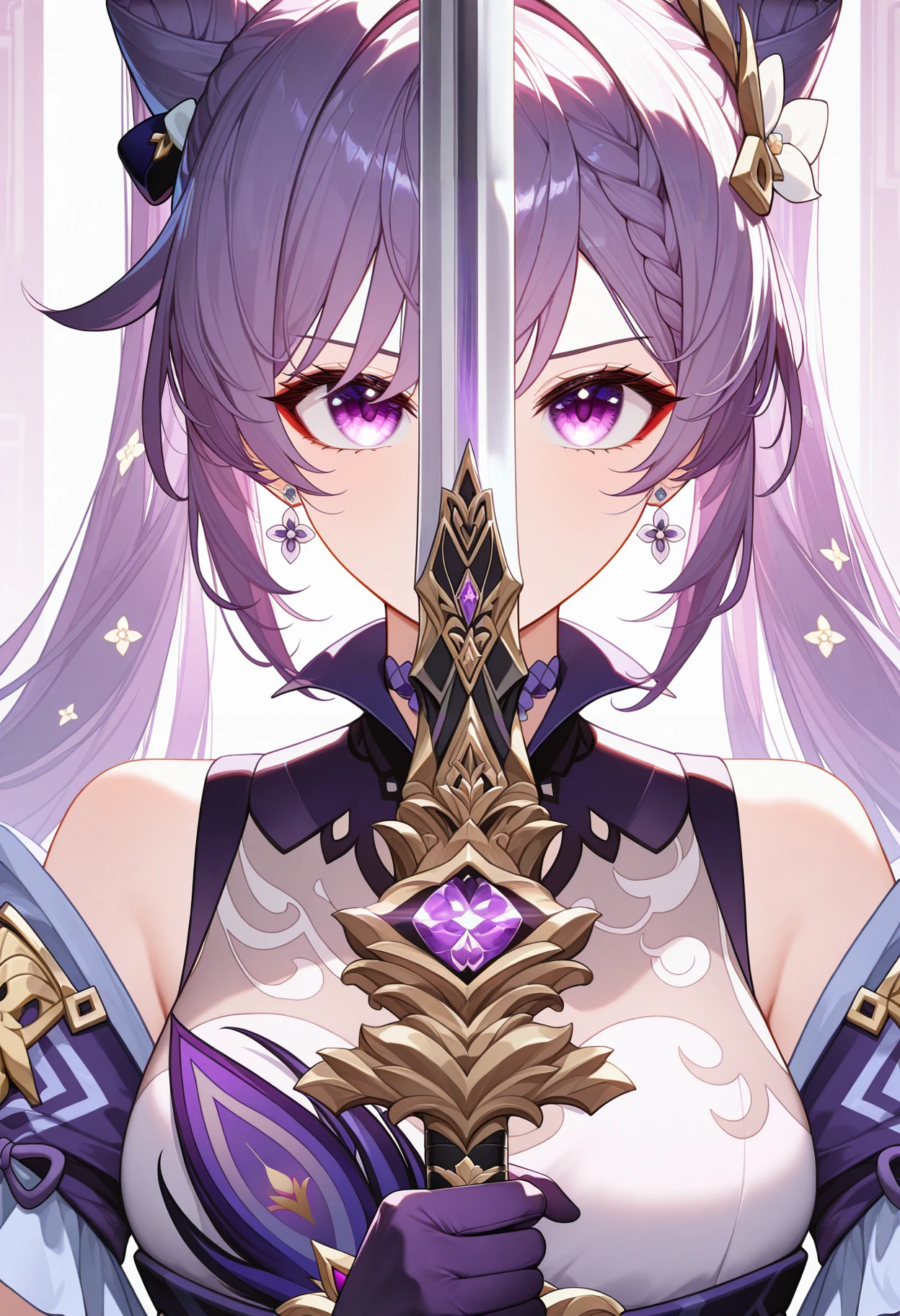 masterpiece, best quality, absurdres, highres, newest, 1girl, solo, <lora:swordsalute-pose-richy-v1_ixl:1>swordup, looking at viewer, close-up, holding sword, <lora:keqing-gi-richy-v1_ixl:1> kqngdf, purple eyes, purple hair, long hair, twintails, double bun, cone hair bun, braid, hair between eyes, hair ornament, medium breasts, purple choker, neck tassel, purple dress, frills, purple gloves, earrings
