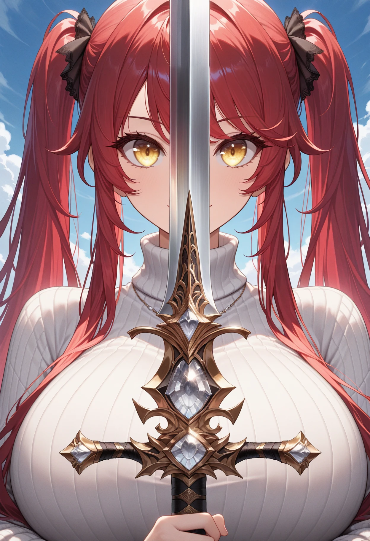 masterpiece, best quality, absurdres, highres, newest, 1girl, solo, <lora:swordsalute-pose-richy-v1_ixl:1> swordup, looking at viewer, close-up, smile, red hair, twintails, very long hair, yellow eyes, huge breasts, turtleneck sweater, white sweater, ribbed sweater, blue sky, white gem, holding sword,