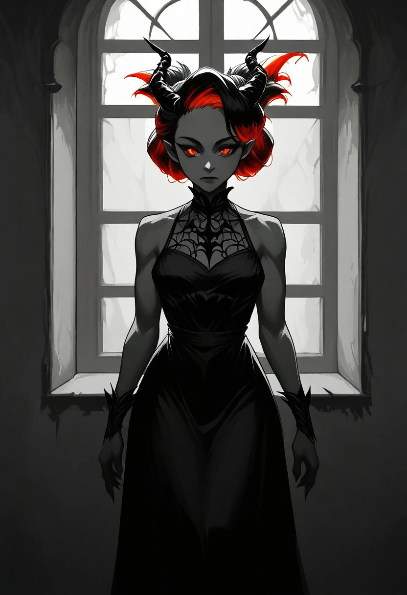 opill, solo, horns, wings, 1girl, dtamer, black hair, red hair, hair bun, multicolor hair, red eyes, window, dress, long hair, demon wings, bare shoulders, dark, demon girl, masterpiece, dark environment, soft lighting, monochrome, grayscale, freebos_smoothiestyle