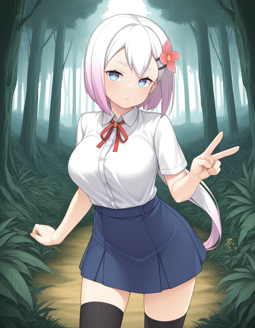 v1num, 1girl, hair ornament, breasts, gradient hair, flower, large breasts, multicolored hair, white hair, long hair, blue skirt, white shirt, thighhighs, blue eyes,
outdoors, forest, overgrown, standing, looking at viewer,
masterpiece, best quality,amazing quality, very aesthetic, absurdres, extremely detailed face, detailed eyes, <lora:vinum_illustrious-000011:1>,