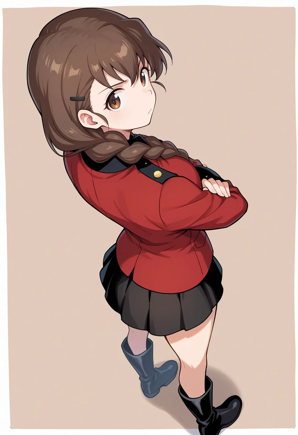 masterpiece, best quality,
<lora:Rukuriri illu:0.7>, 1girl, black skirt, brown hair, single braid, st. gloriana's military uniform, long hair, pleated skirt, brown eyes, hair over shoulder, looking back, red jacket, looking at viewer, standing, hairclip, long sleeves, hair ornament, from behind, closed mouth, crossed arms, black footwear, boots, miniskirt, outside border, from above, brown background,, epaulettes