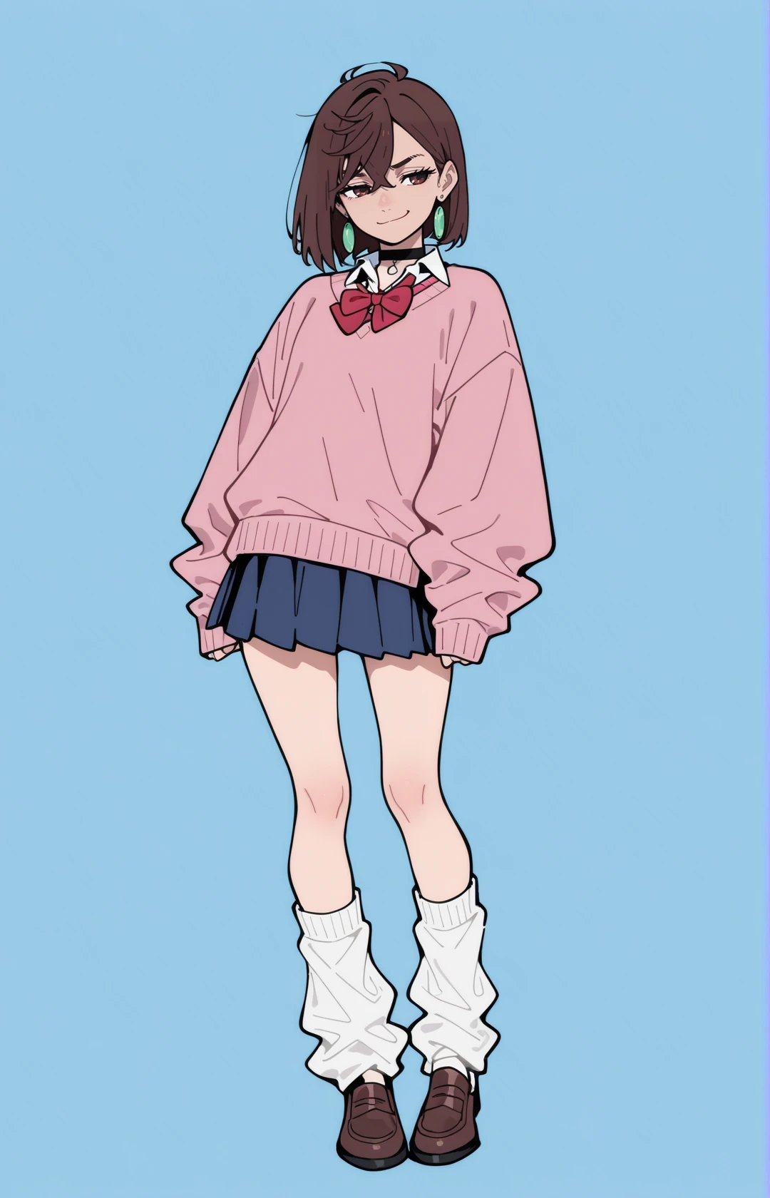 perfect quality,high quality,masterpiece,best quality,amazing quality,very aesthetic,absurdres,newest,
front view,full_shot,Raised one-sided smirk,
<lora:AyaseMomoCYQL:1>,AyaseMomoCYQL,1girl,solo,brown hair,short hair,brown eyes,jewelry,earrings,choker,black choker,school uniform,sweater,pink sweater,red bow,bowtie,pleated skirt,blue skirt,loose socks,white socks,loafers,brown footwear,
full body,standing,paw_pose,,
blue background,simple background,
<lora:NoctFlatStyleIllustrious:1>,abstract,flat color,muted color,<lora:745cmSDXLvpred75S:0.6>,748cmstyle,<lora:wl-illV1:0.8>,