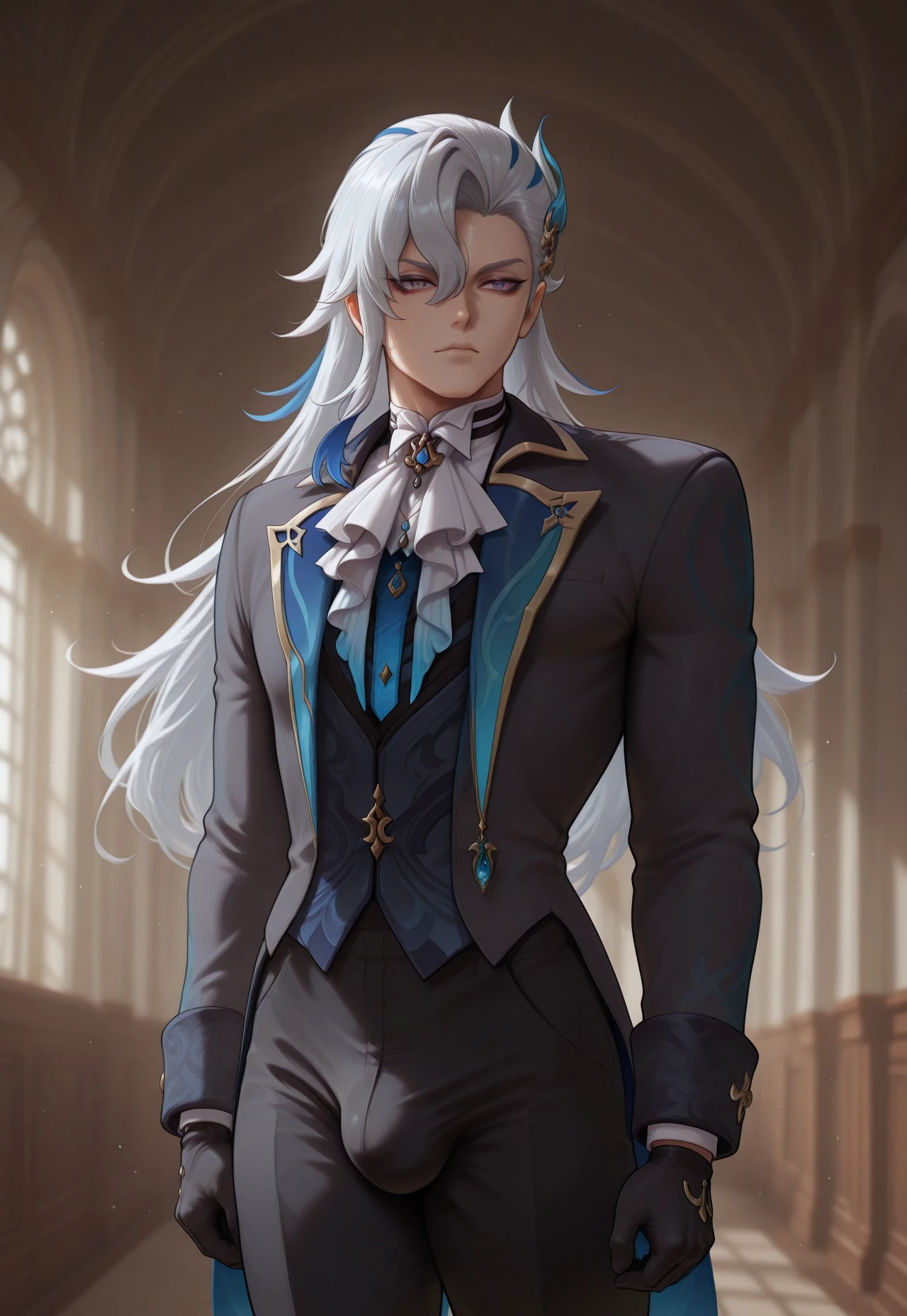 safe_pos, score_9, score_8_up, score_7_up, score_6_up, 1boy, solo, standing, flat chest, indoors, mansion background, curvyfemb0y, male face, male focus, bulge, neuvillette \(Genshin Impact\), bulge, long hair, blue hair, white hair, multicolored hair, hair between eyes, pointy ears, hair ornament, white ascot, black gloves, black pants, formal, long sleeves, gentle expression, dynamic pose, gentle eyes, blurry background, particles