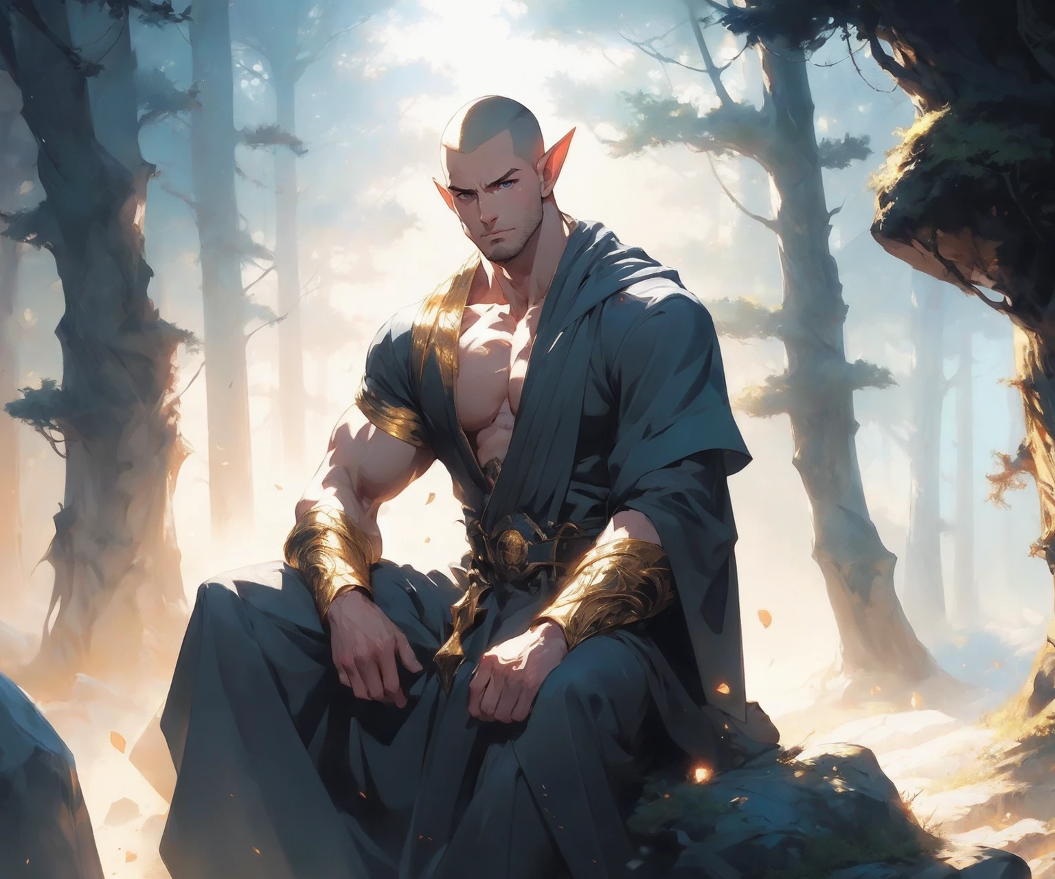 himbo art, portrait fantasy painting, of manly young adult elf, facial hair, muscular, golden hair color, buzzcut, sitting on a rock in a dense misty forest, wearing grey robes, manly pose